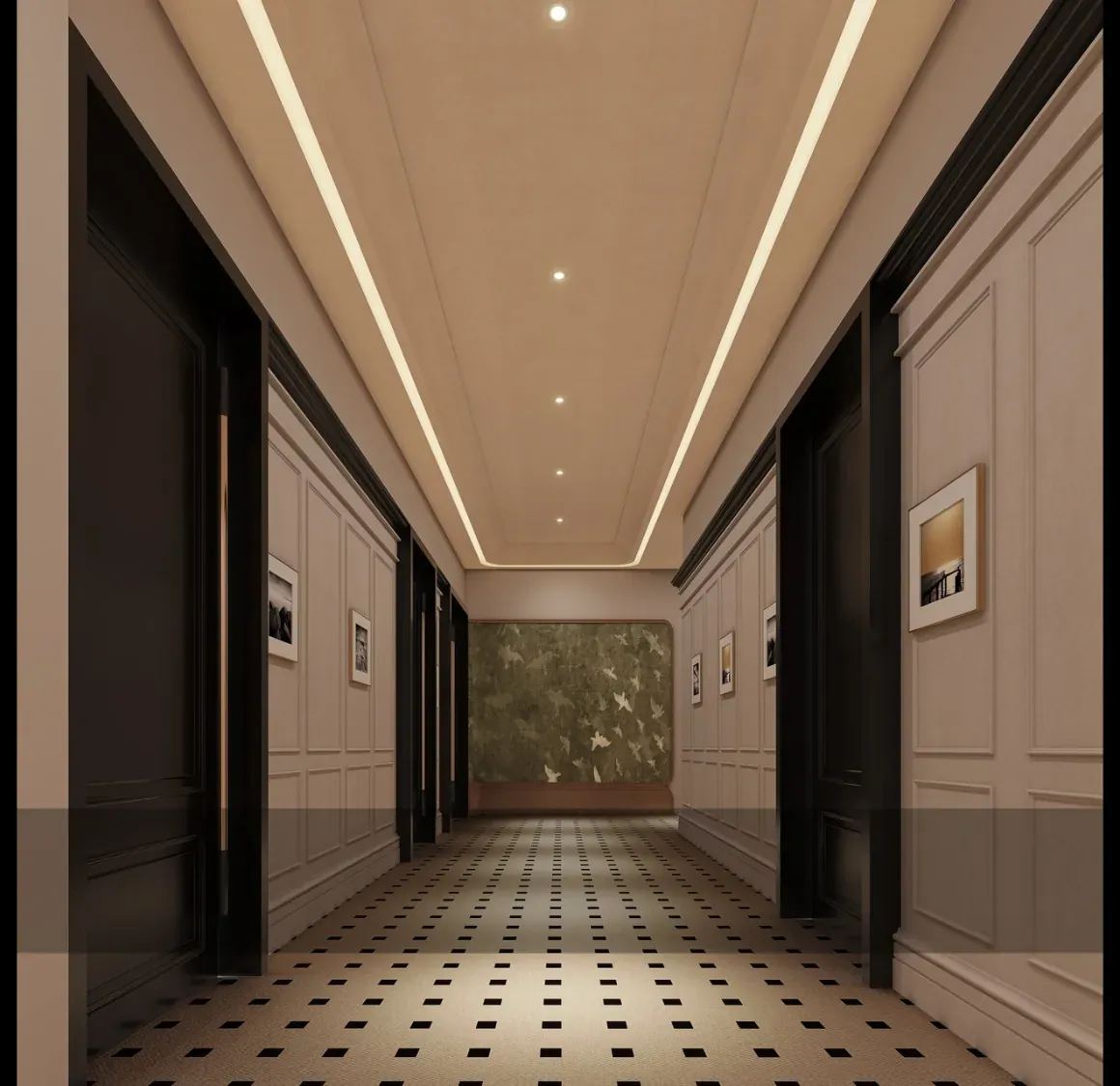 Panelled hotel guest corridor with inset artwork and warm lighting