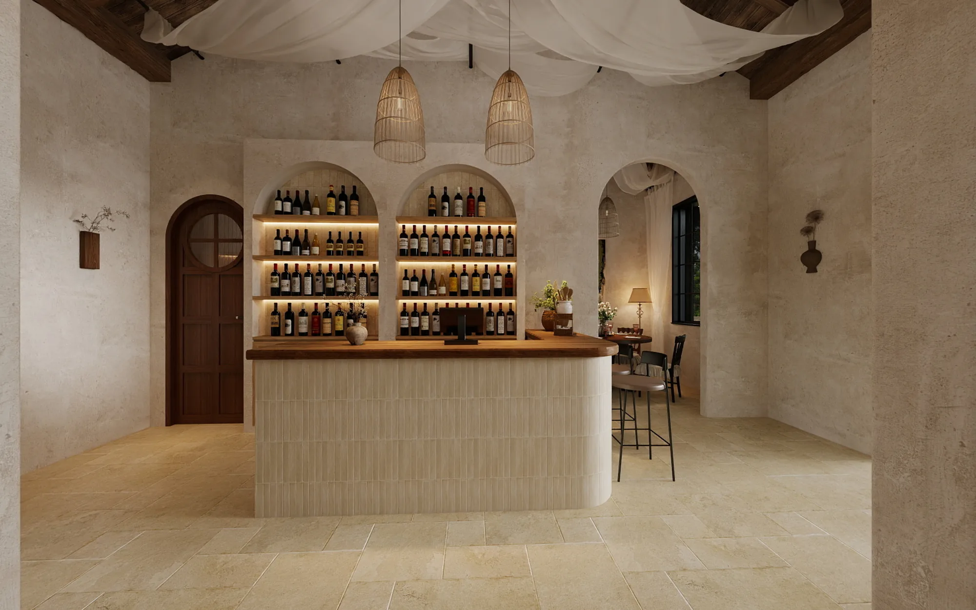 Morocco warm Mediterranean restaurant with arched wine display and timber bar