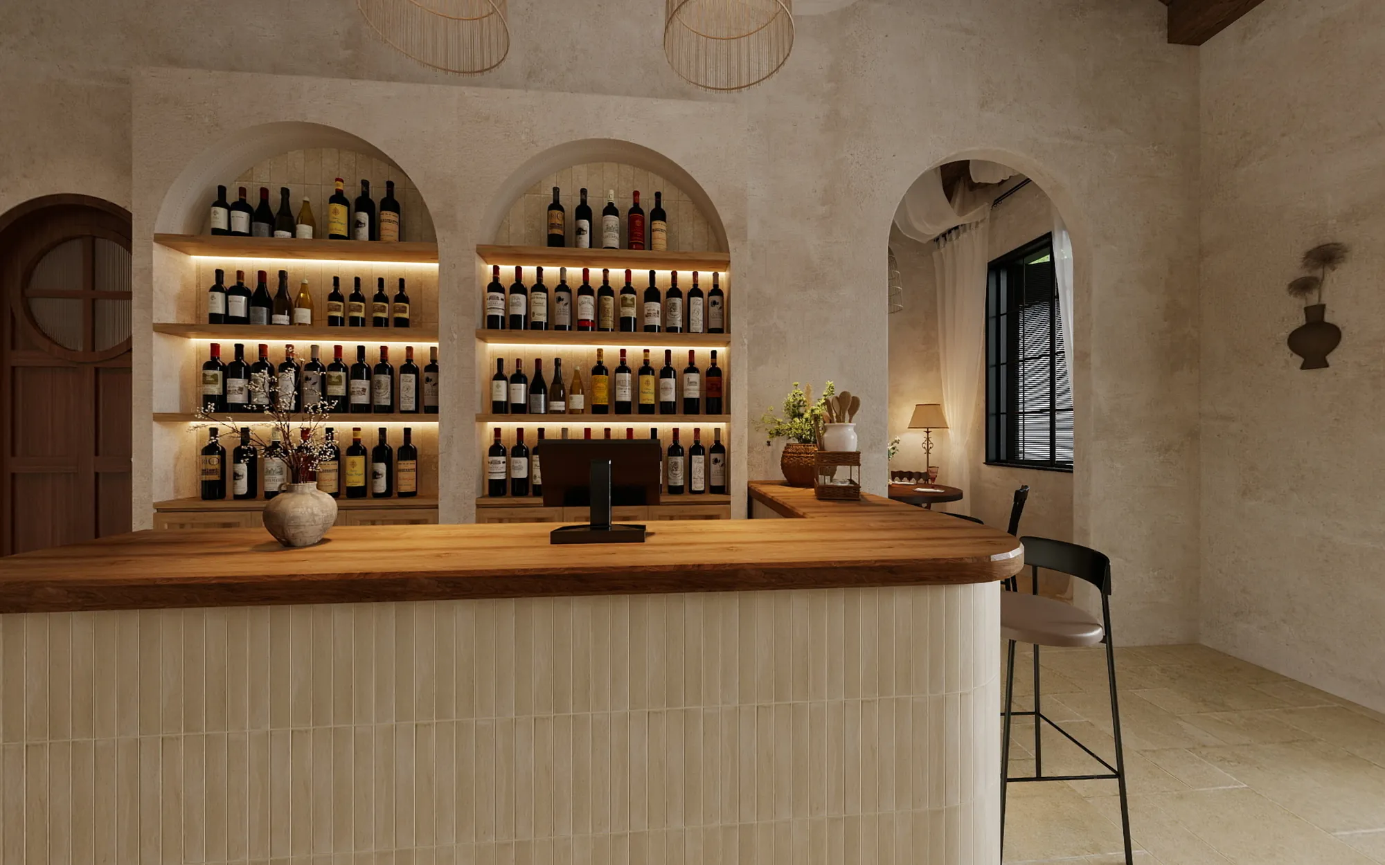 Illuminated arched wine display behind a curved timber restaurant bar