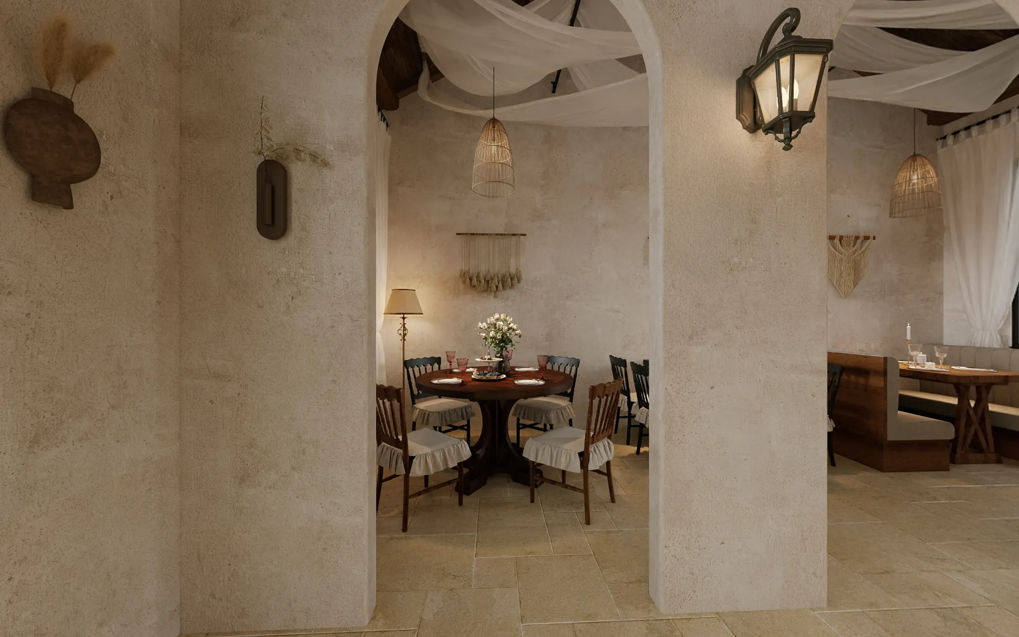 Mediterranean restaurant dining rooms connected by soft plaster arches