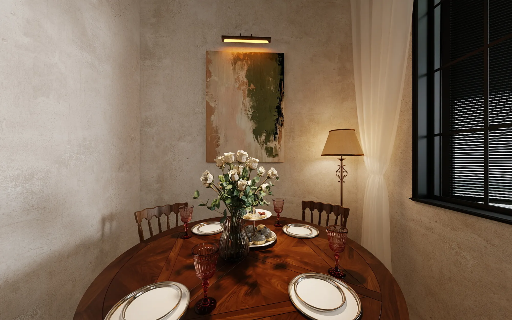 Round timber dining table beside a black framed restaurant window