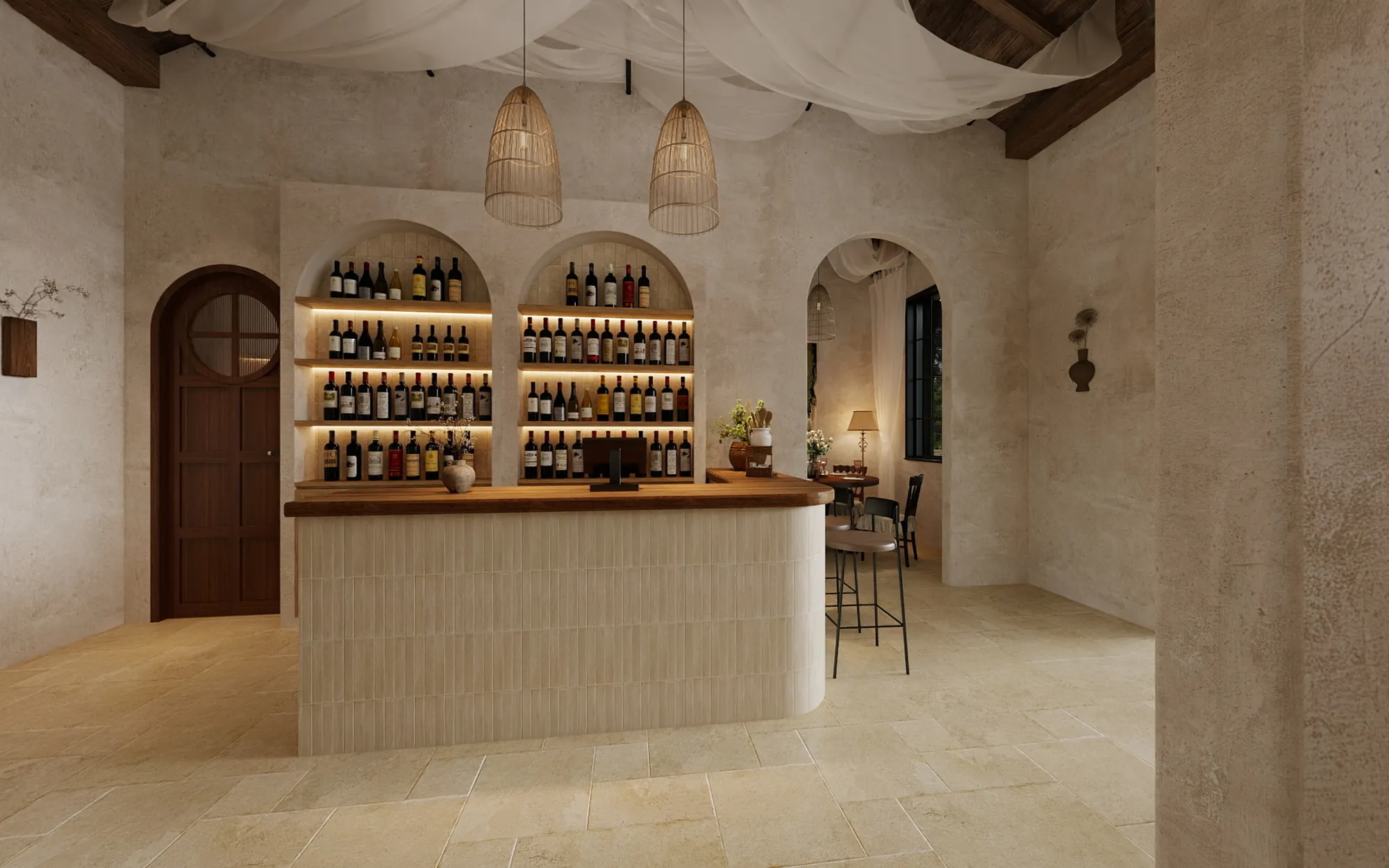 Wide restaurant bar composition with timber counter and arched shelving