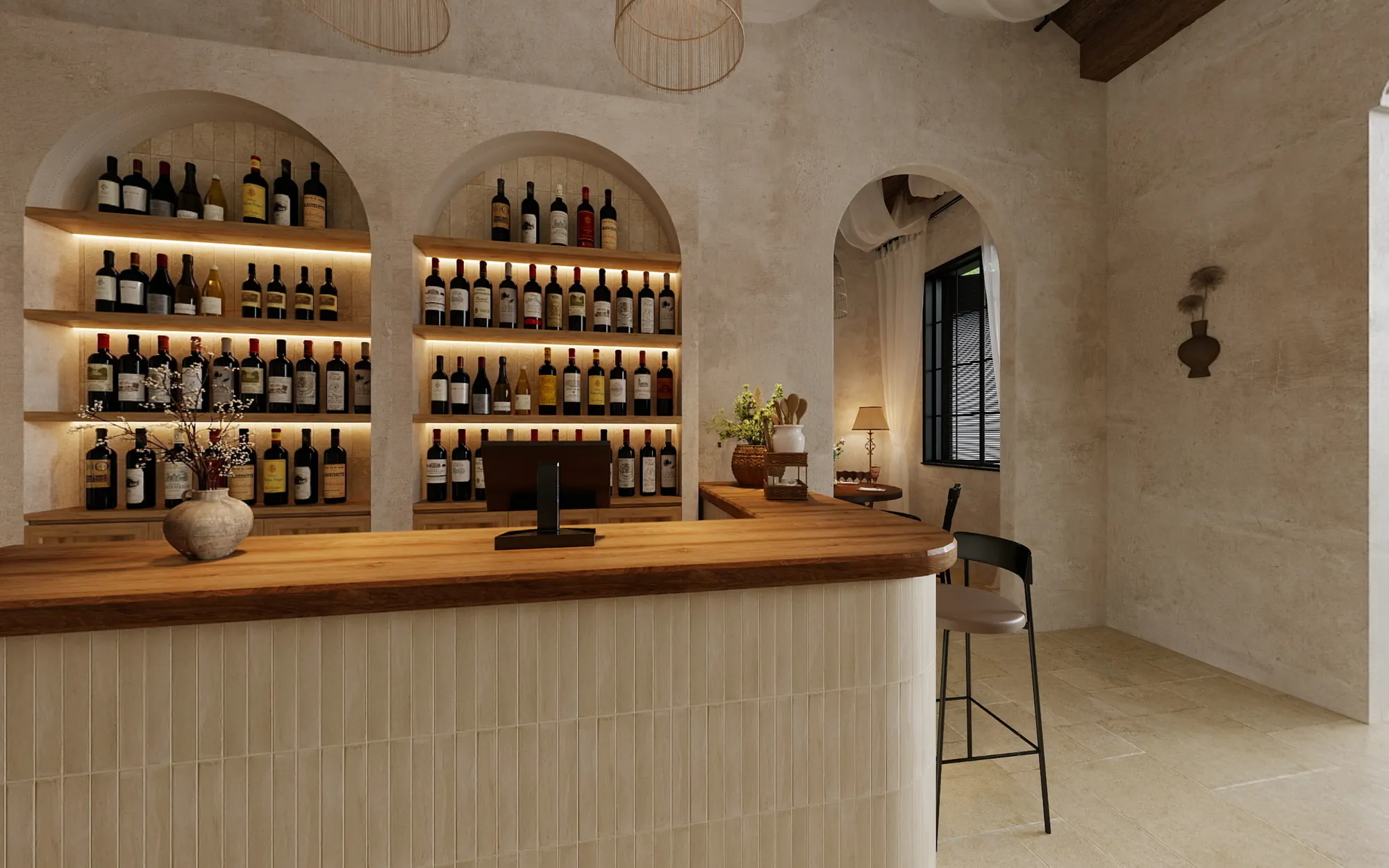 Warm backlit wine shelving arranged within paired arched niches