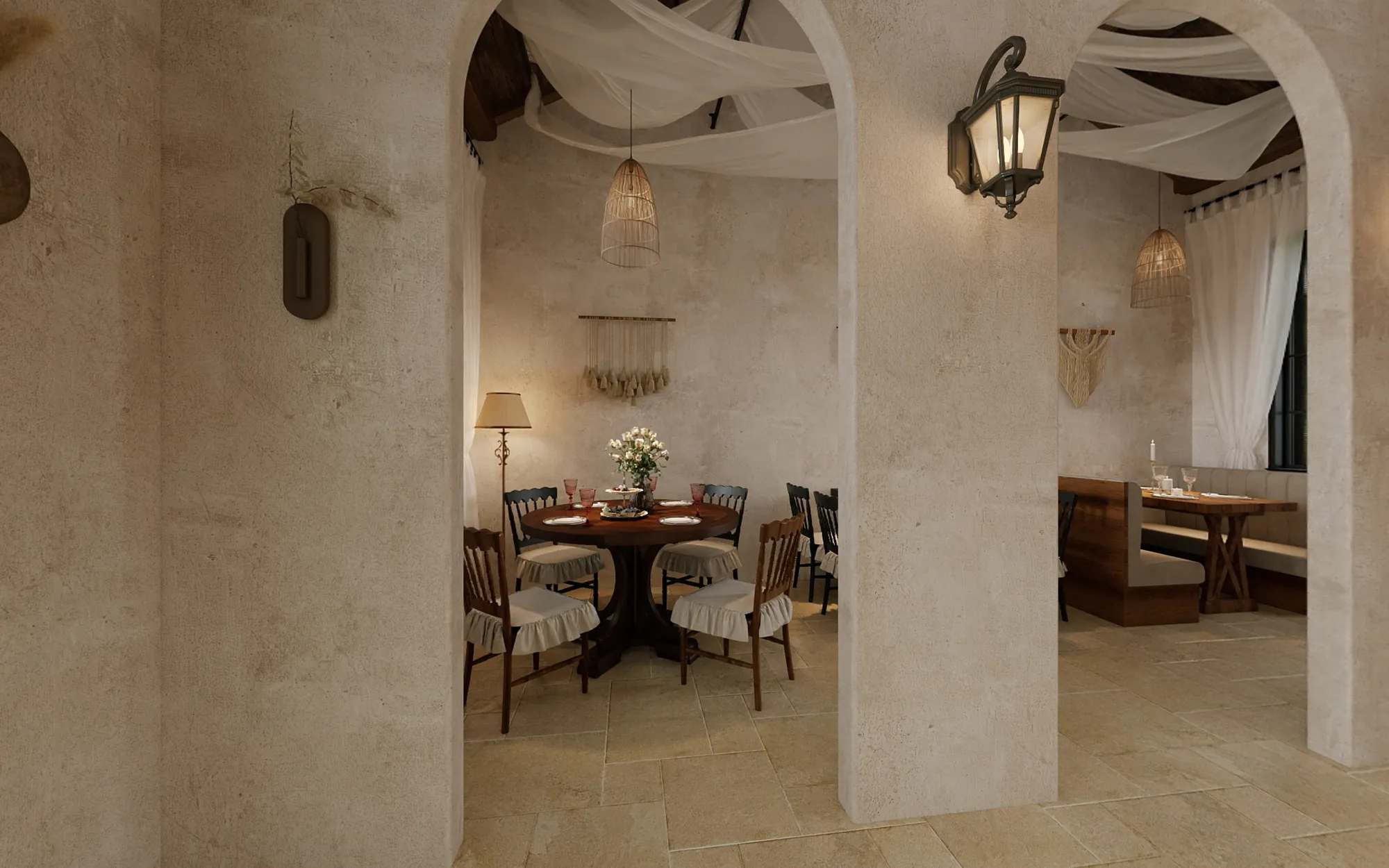 Layered arched openings leading between restaurant dining zones