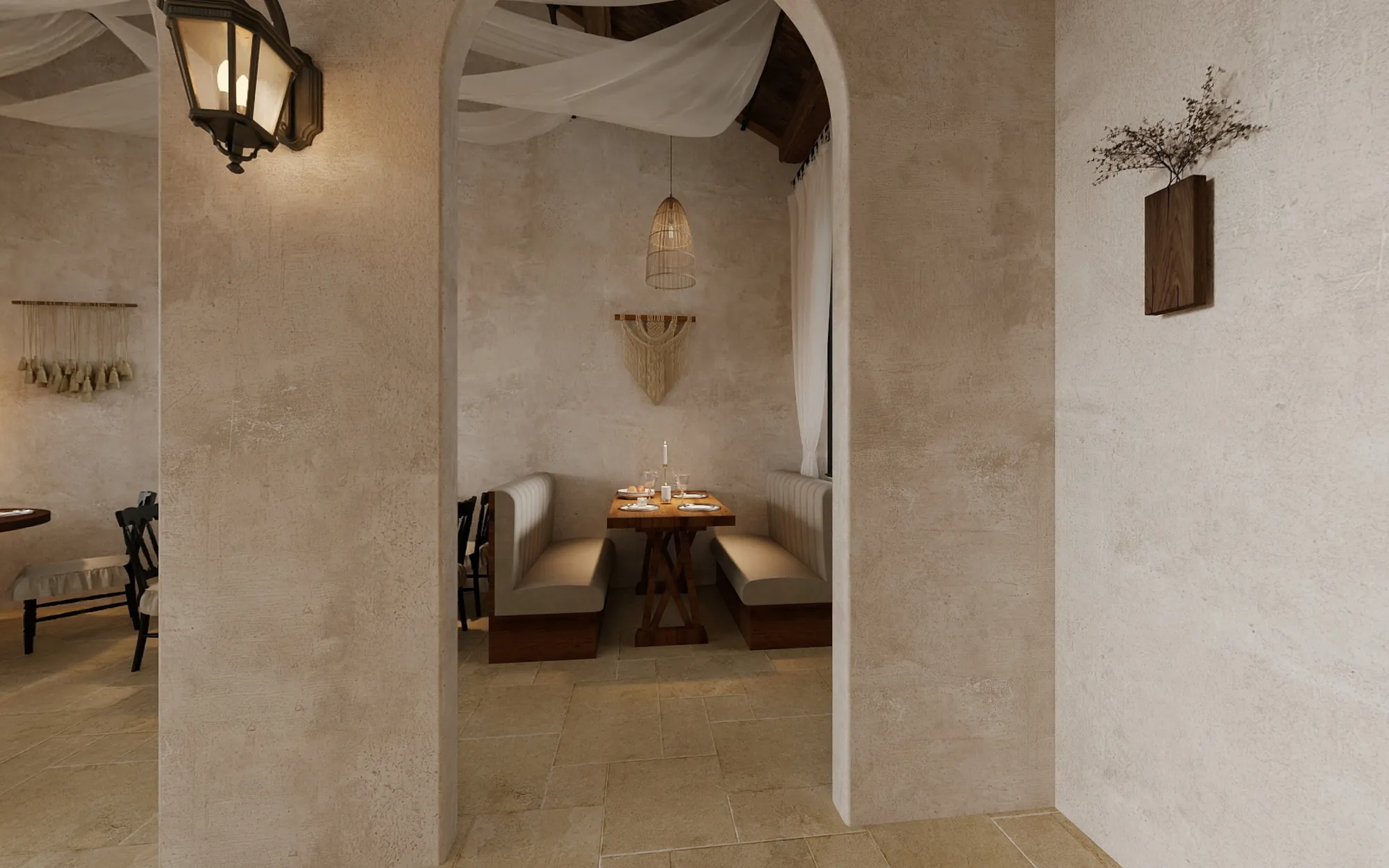 Upholstered dining booth with timber table and woven pendant light