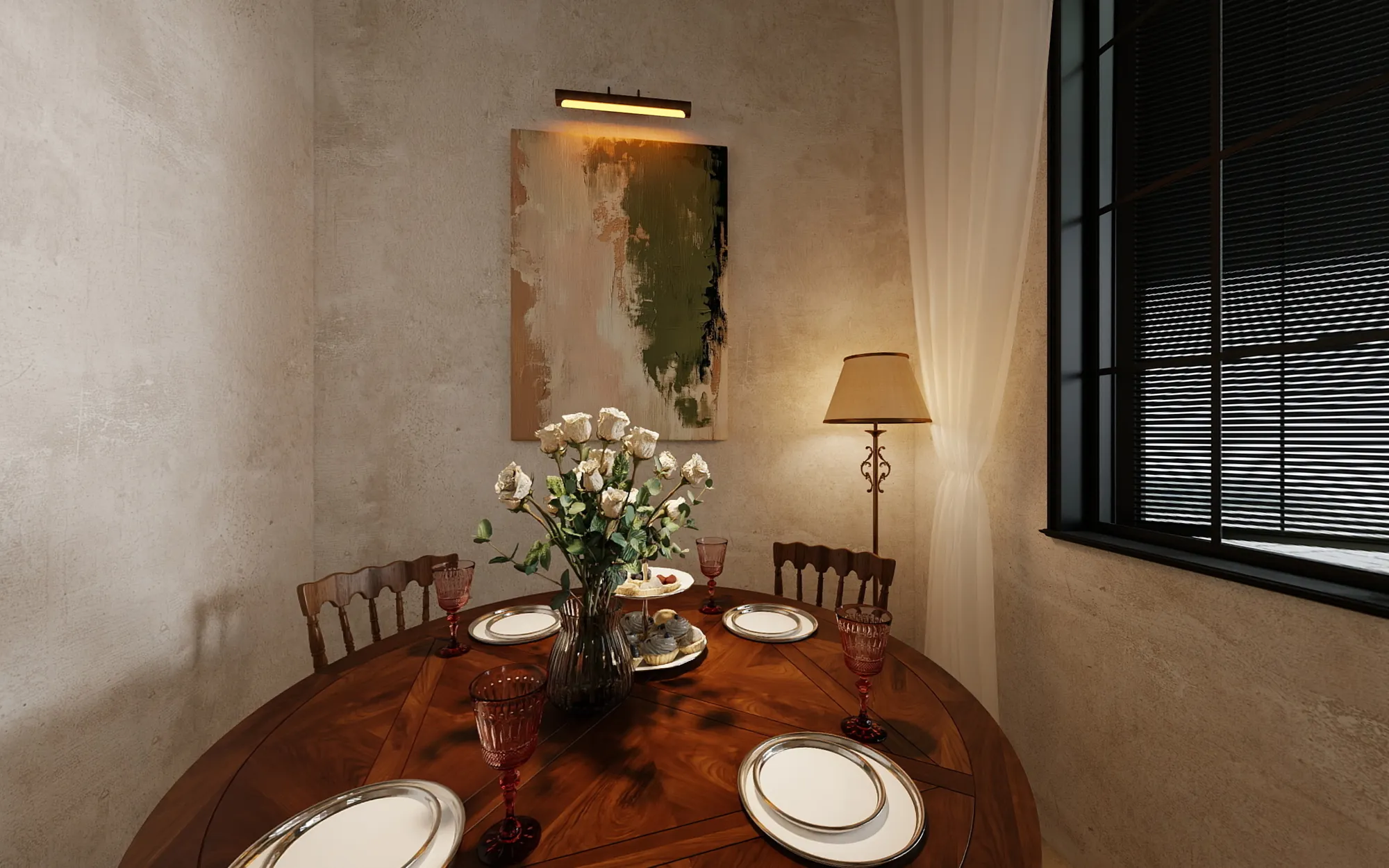 Restaurant table setting with warm timber, flowers and black framed glazing
