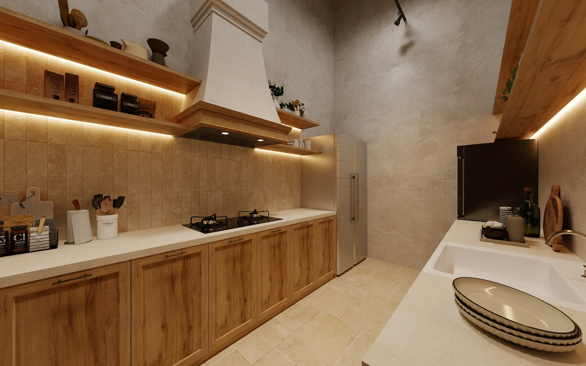 Compact restaurant prep kitchen with timber cabinetry and open shelving
