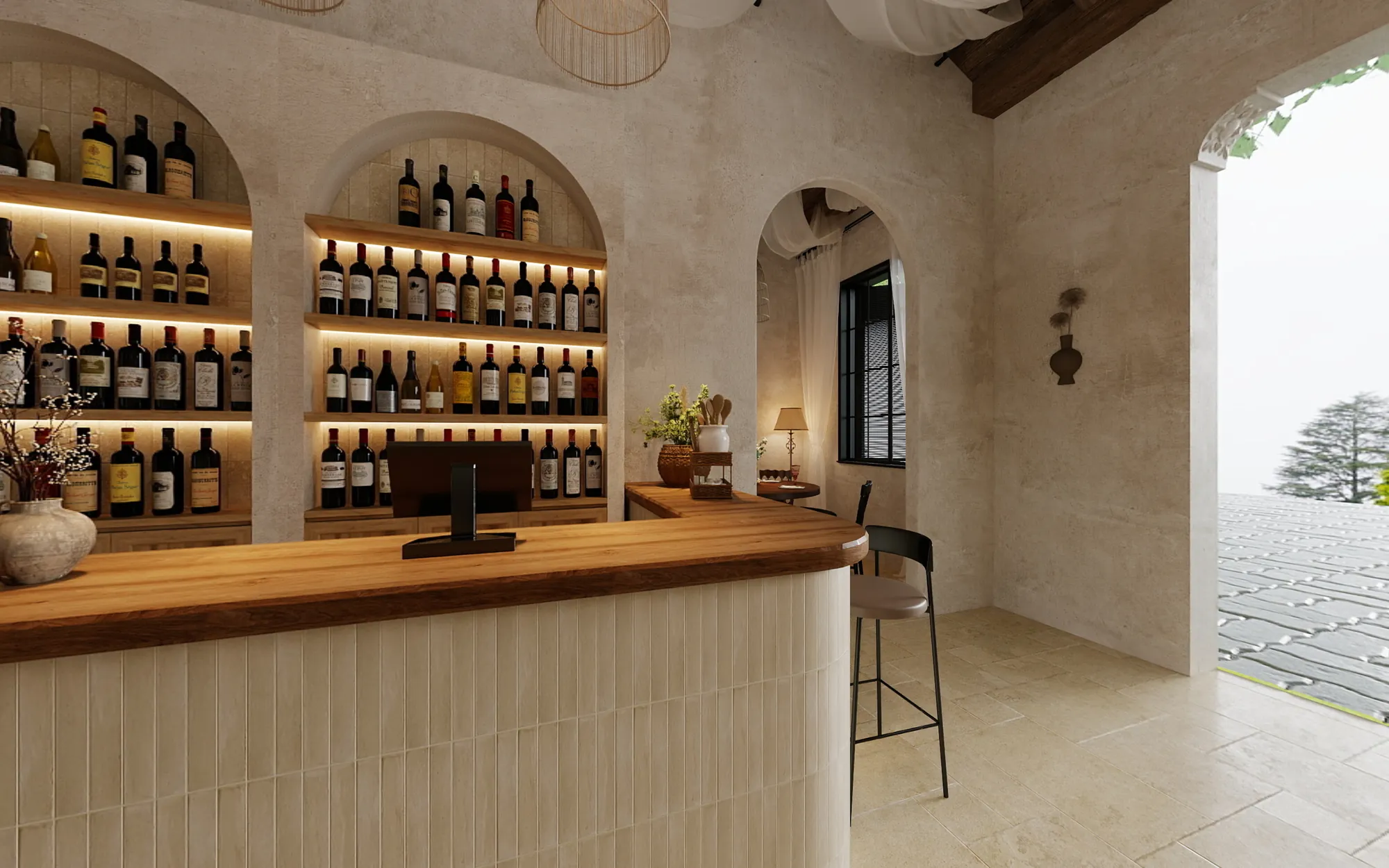 Arched restaurant opening connecting the warm interior with daylight outside