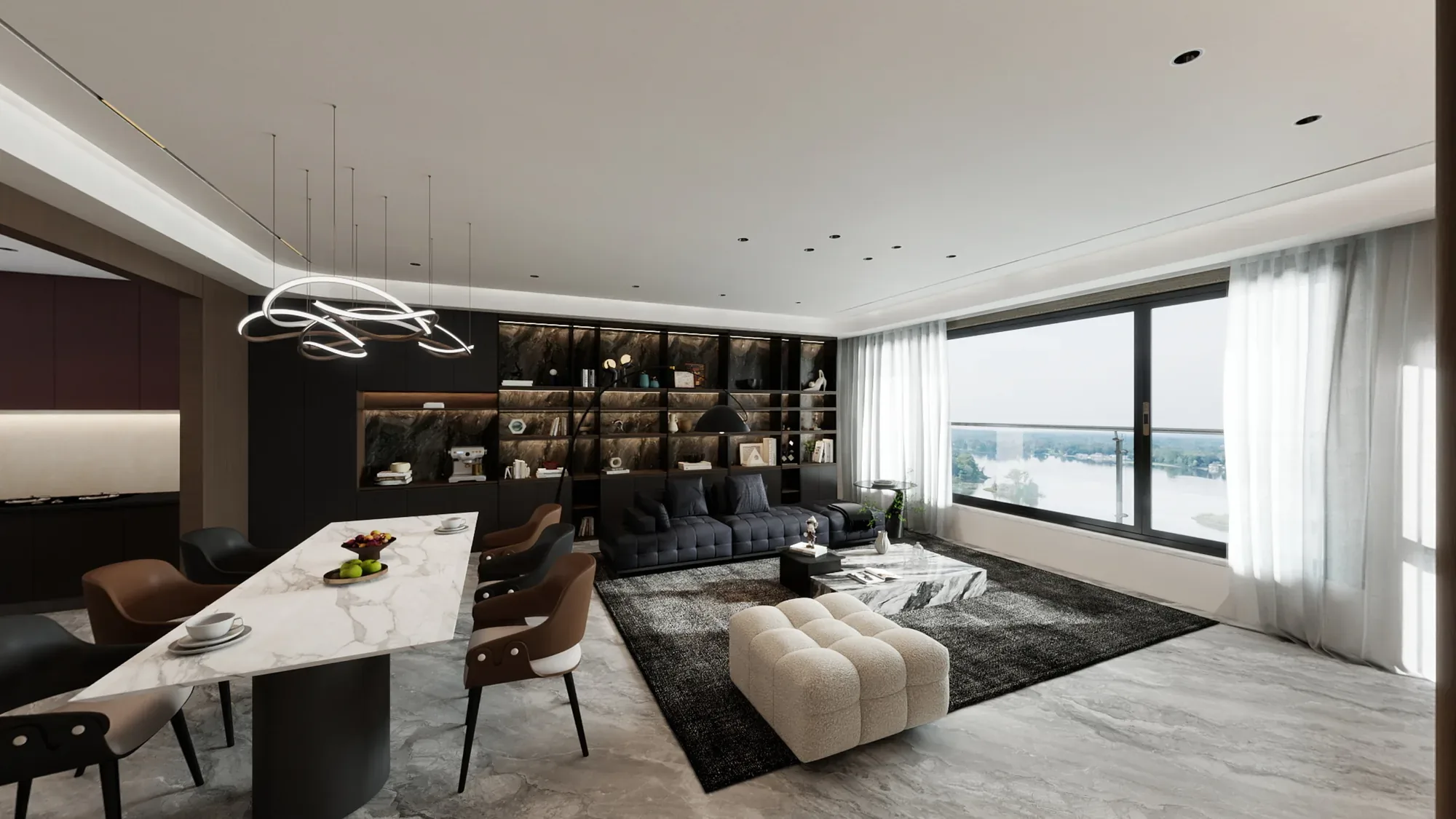 Dark walnut and marble modern luxury apartment living and dining room with panoramic windows