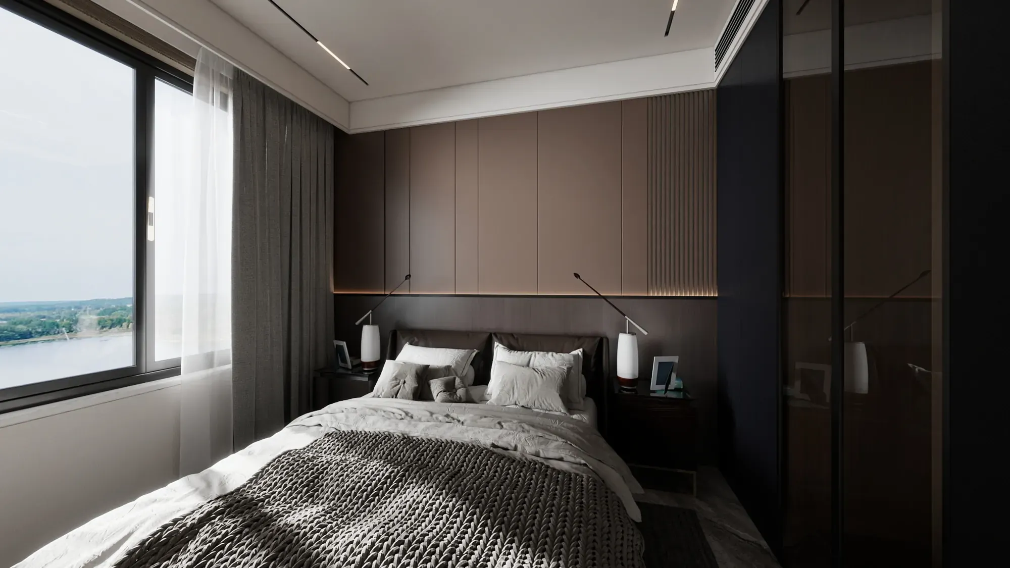 Apartment bedroom with dark walnut wall panels, tailored bedding and layered lighting