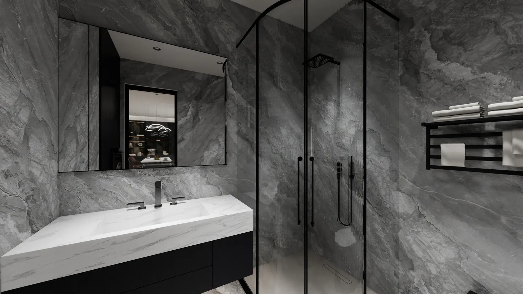 Apartment bathroom clad in grey marble with a framed glass shower and fitted vanity