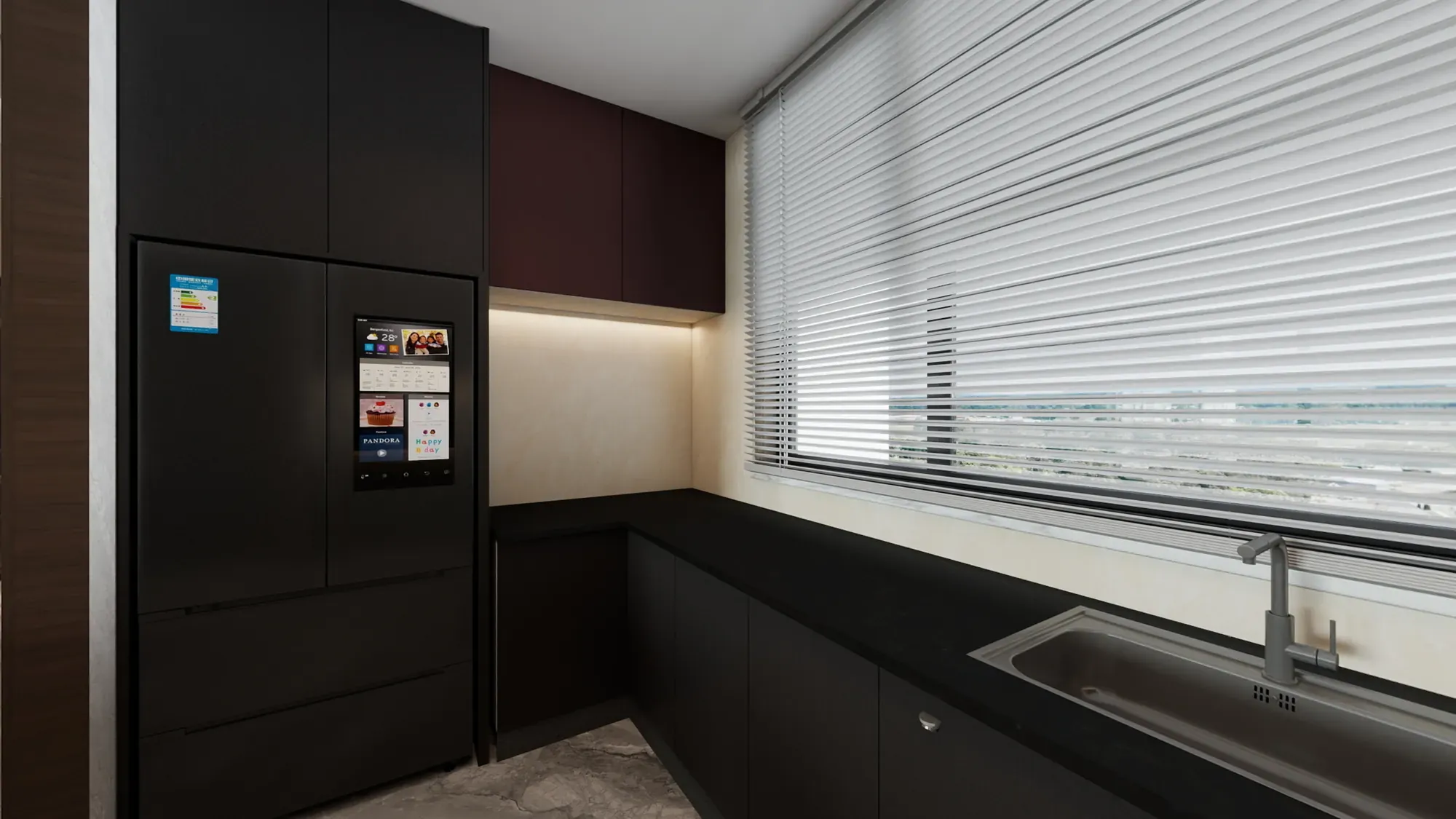 Dark contemporary apartment kitchen with integrated appliances, black cabinetry and a wide window