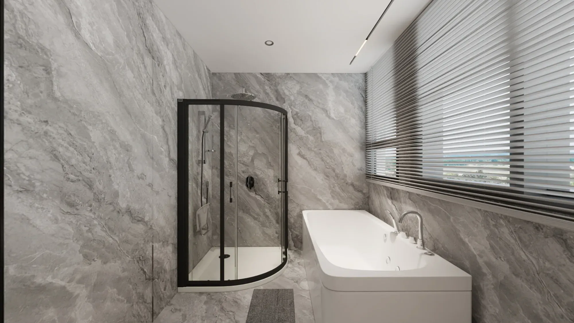 Master bathroom with marble-effect walls, freestanding bath and black-framed shower