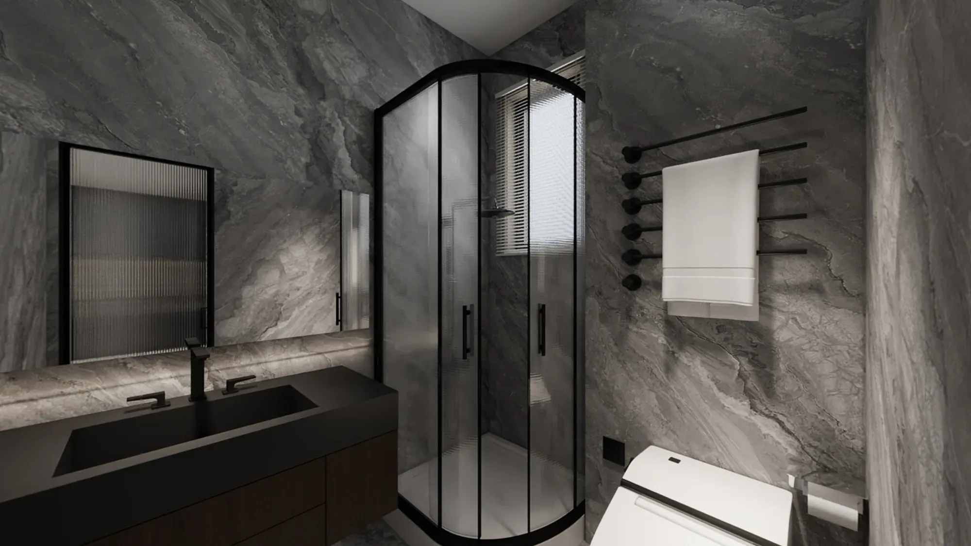 Compact apartment bathroom with marble vanity, black-framed shower and integrated storage