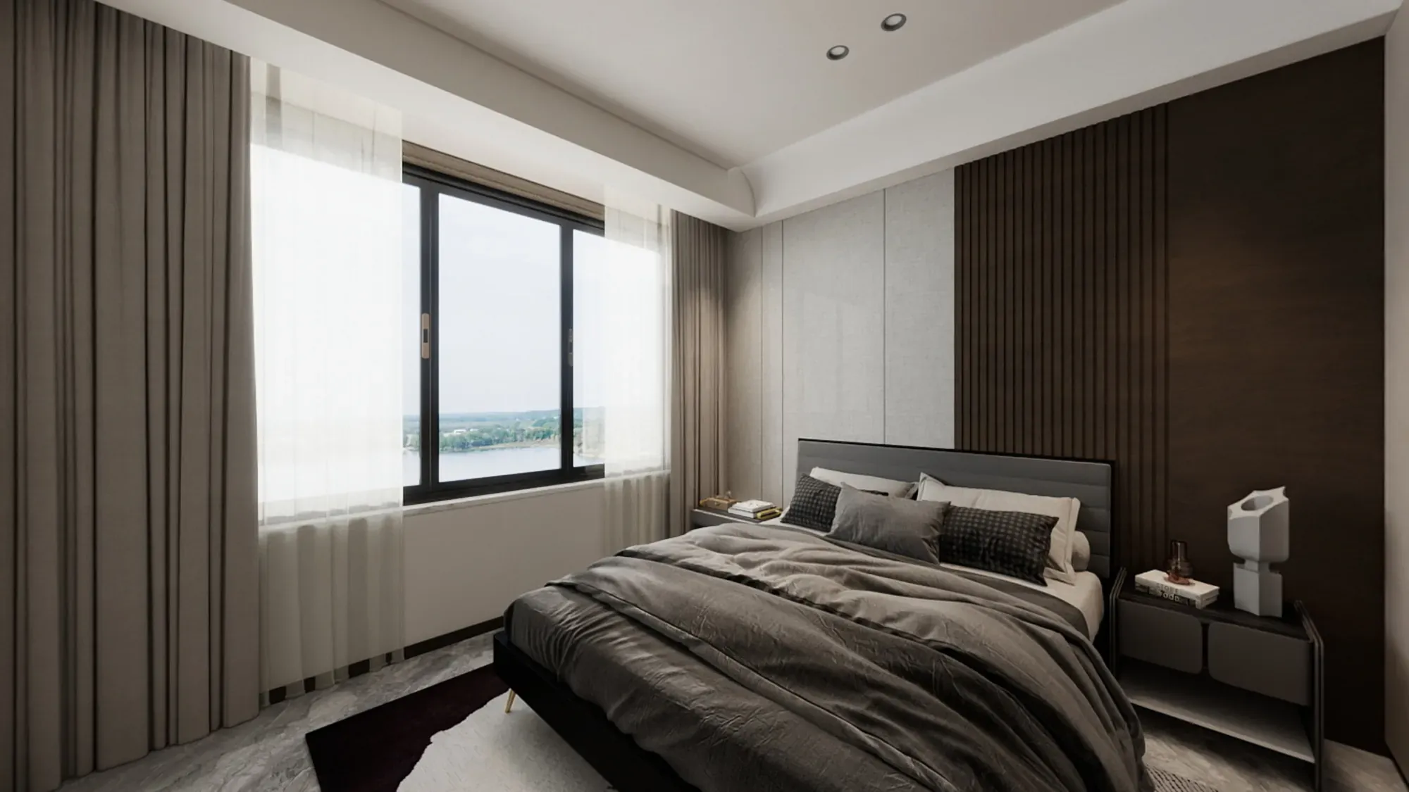 Bedroom with dark walnut headboard, full-height curtains and a bright city-facing window