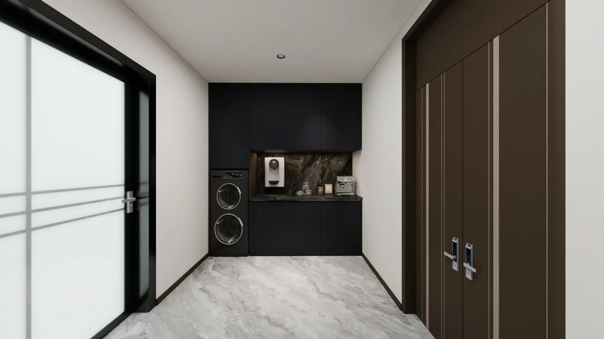 Apartment corridor with full-height dark wardrobes, media niche and pale stone floor