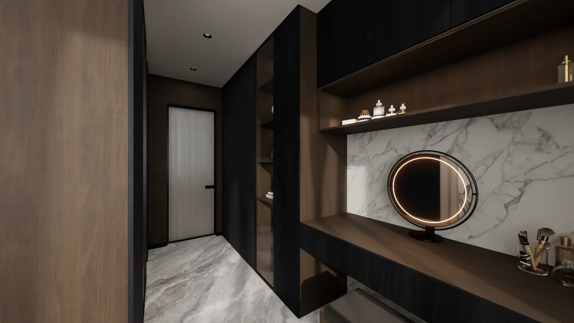 Bedroom joinery with walnut shelving, marble-effect backing and concealed display lighting