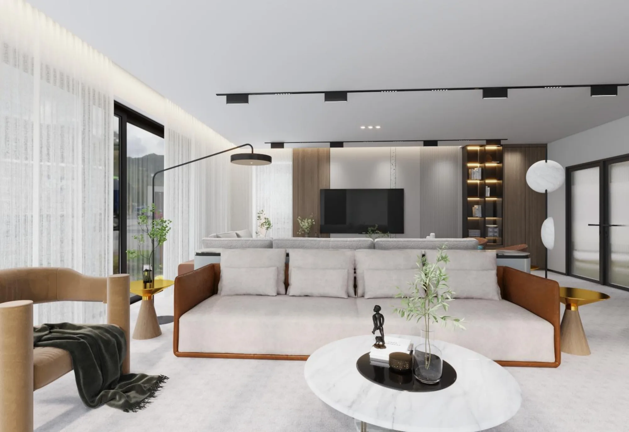 Warm-neutral contemporary villa living room with timber joinery and layered lighting