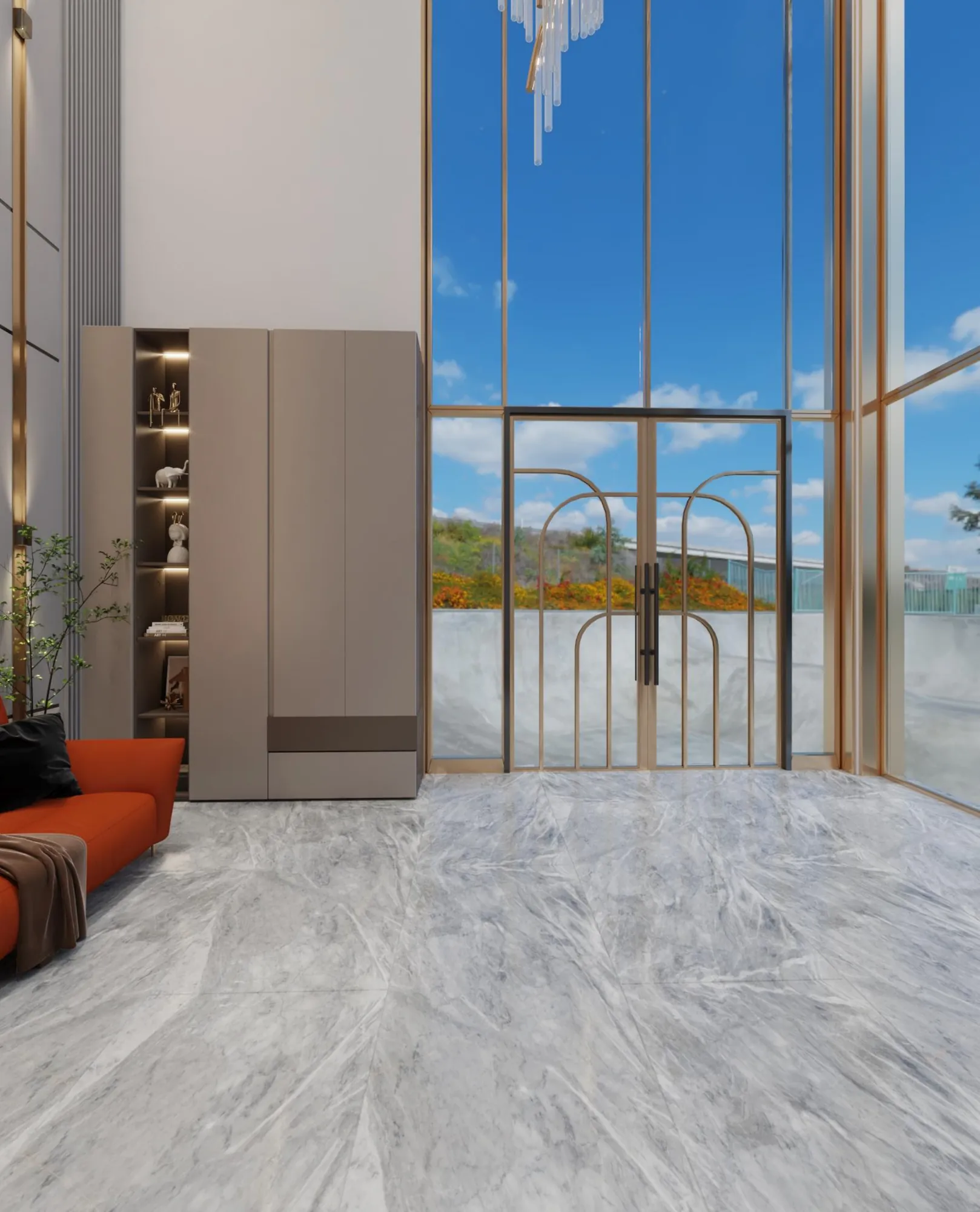 Double-height villa entrance with a warm timber door