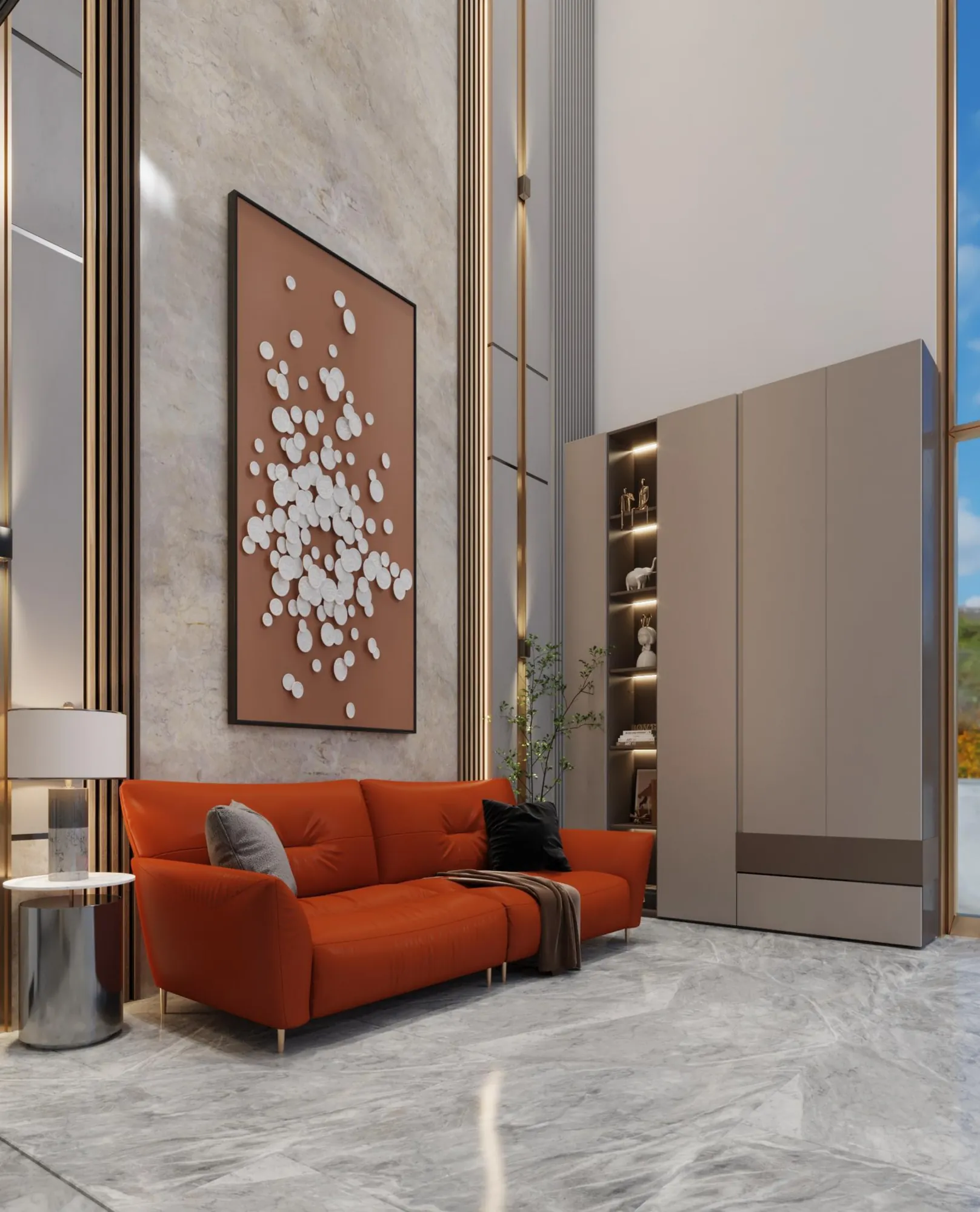 Villa foyer with timber wall panels and a built-in bench