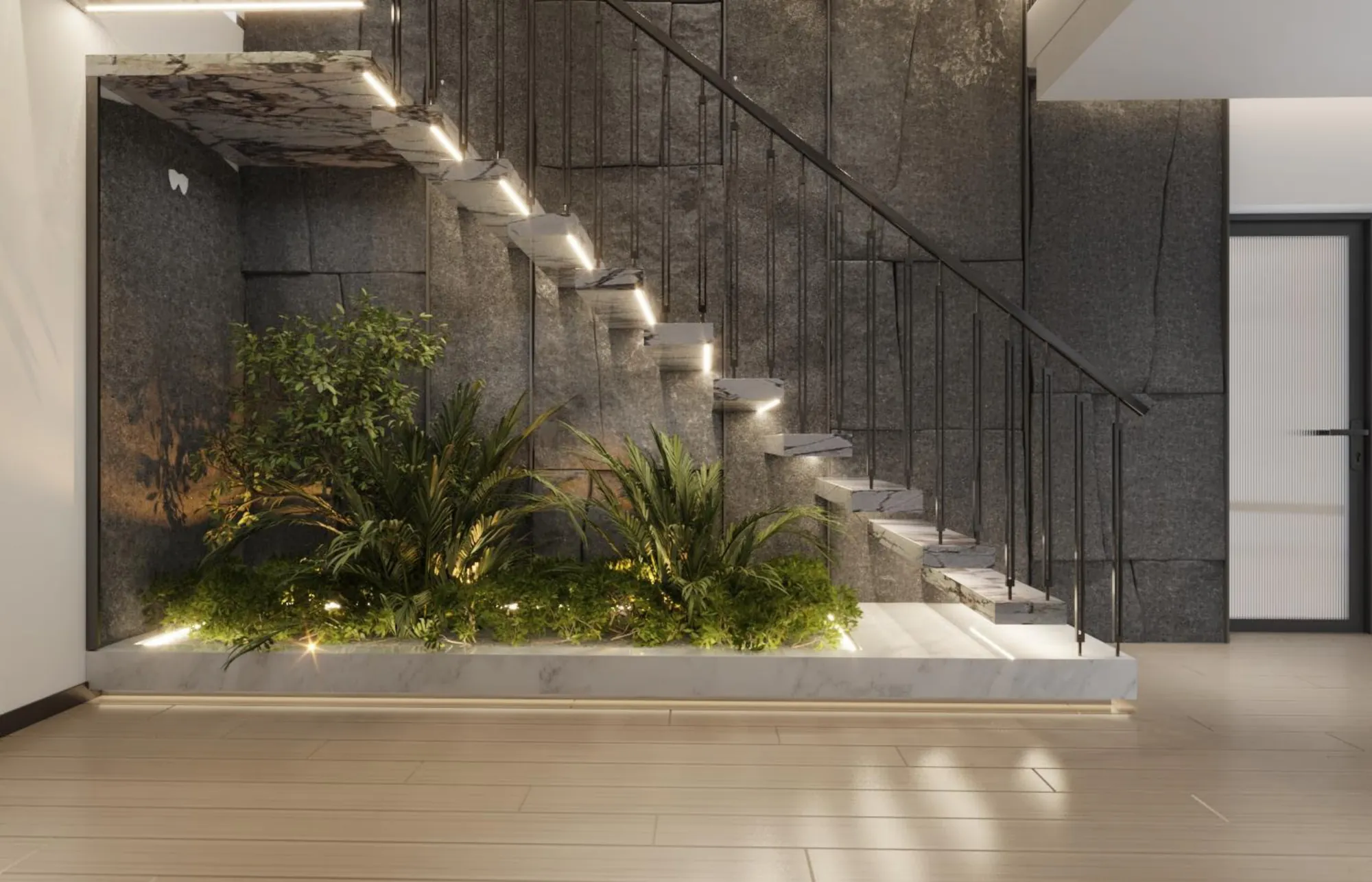 Villa staircase with planted landing and integrated lighting