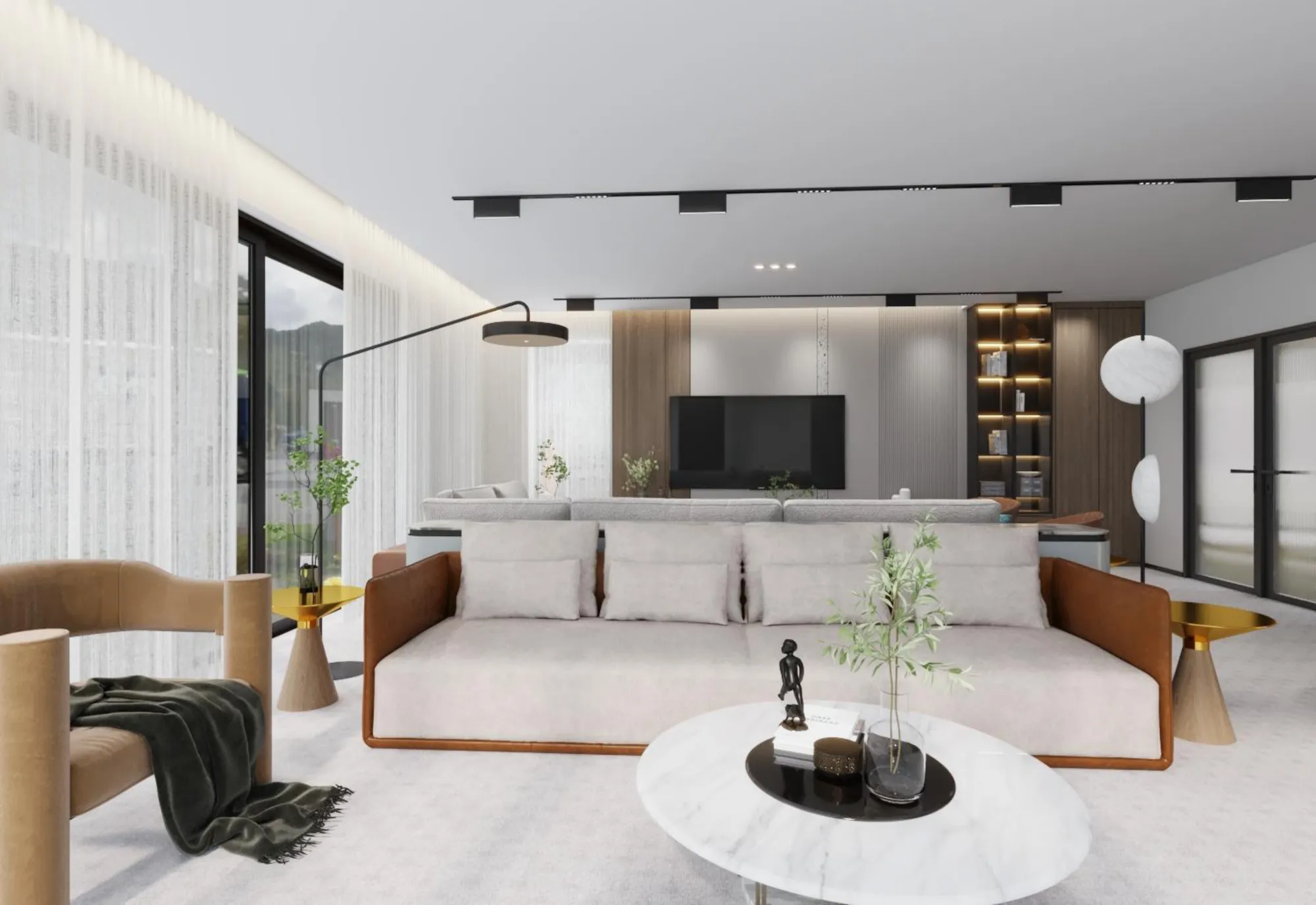 Wide living area with timber joinery and pale upholstery