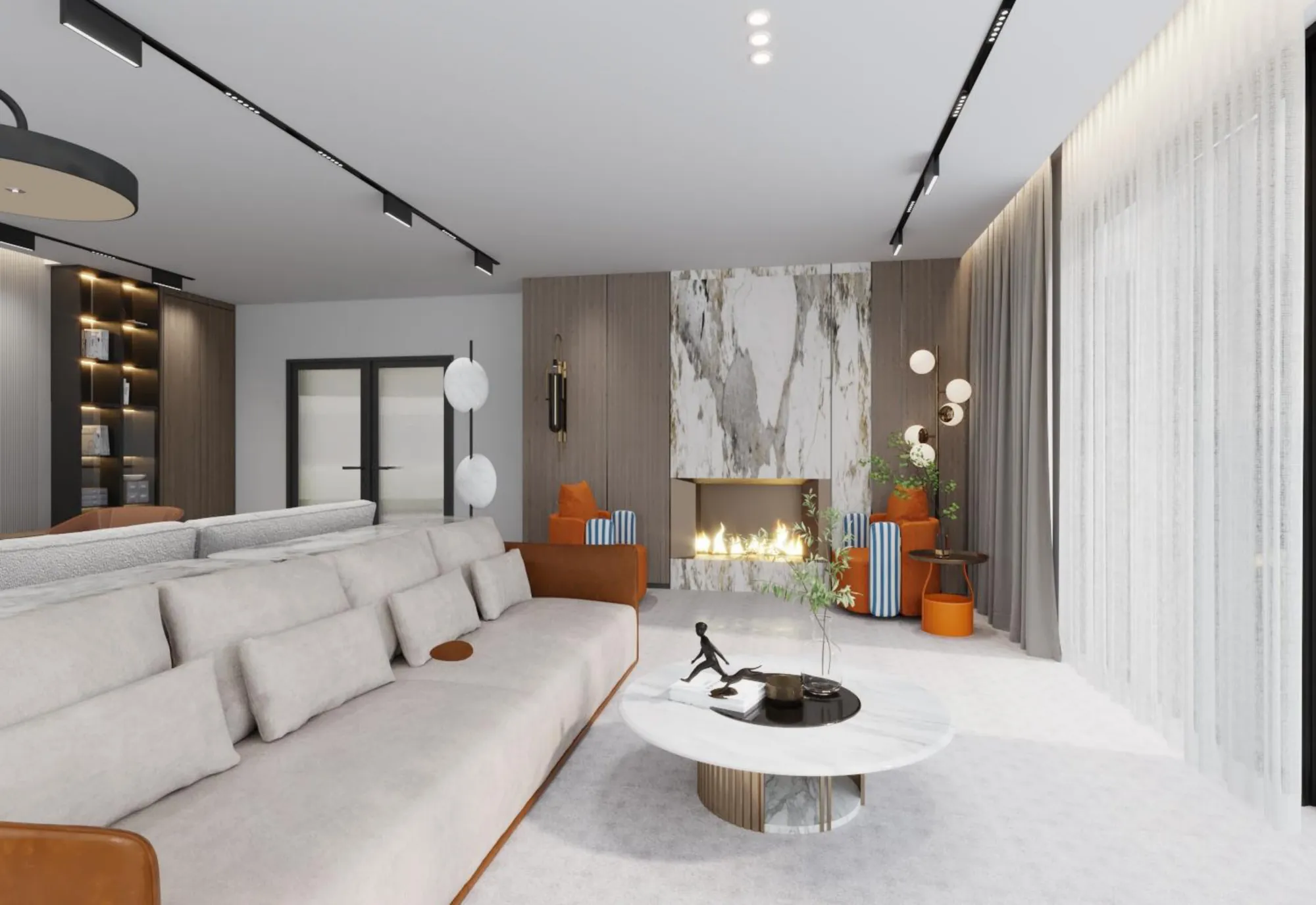 Living room detail with soft upholstery and textured panels