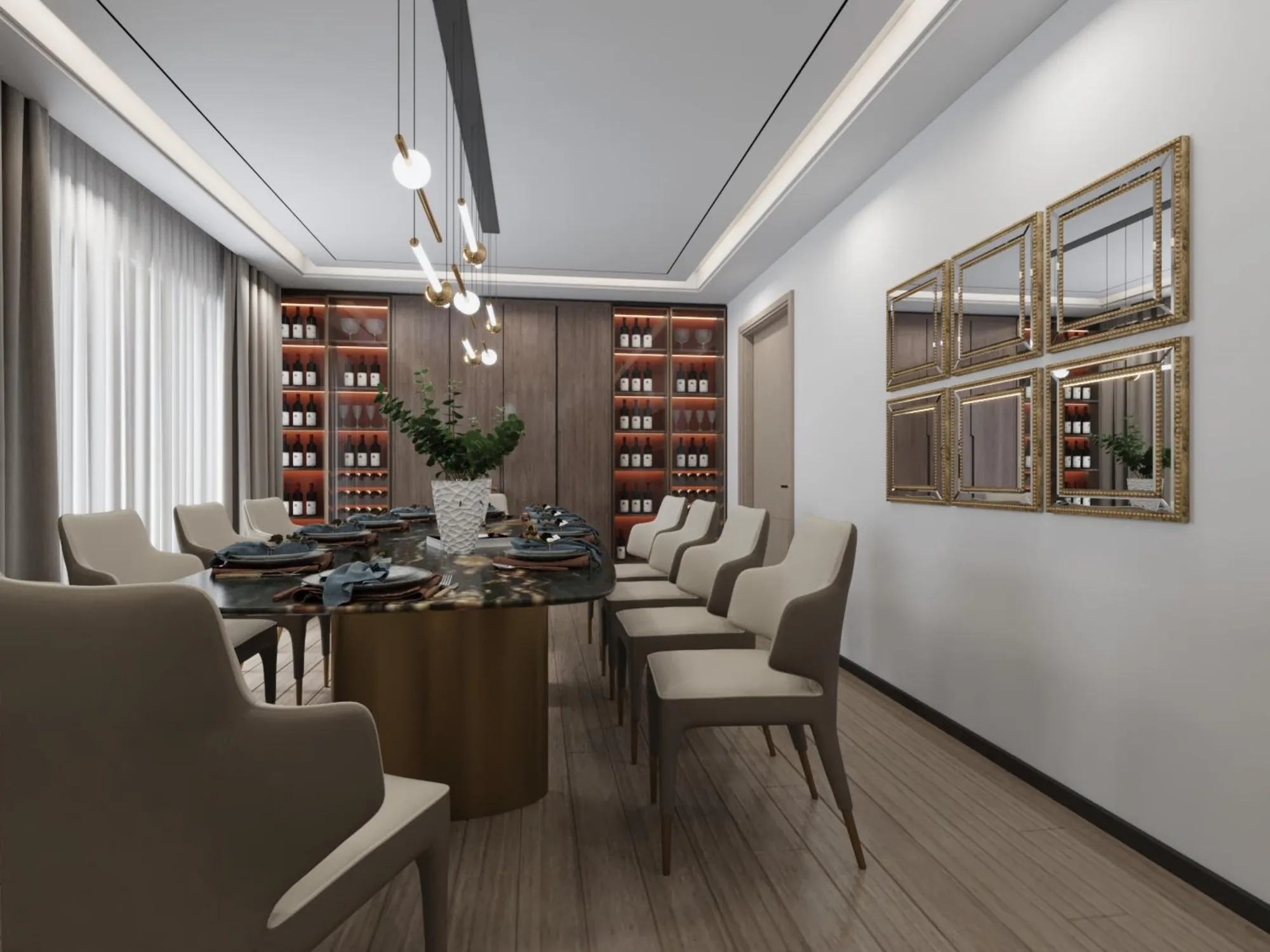 Library lounge with fitted shelving and warm indirect light