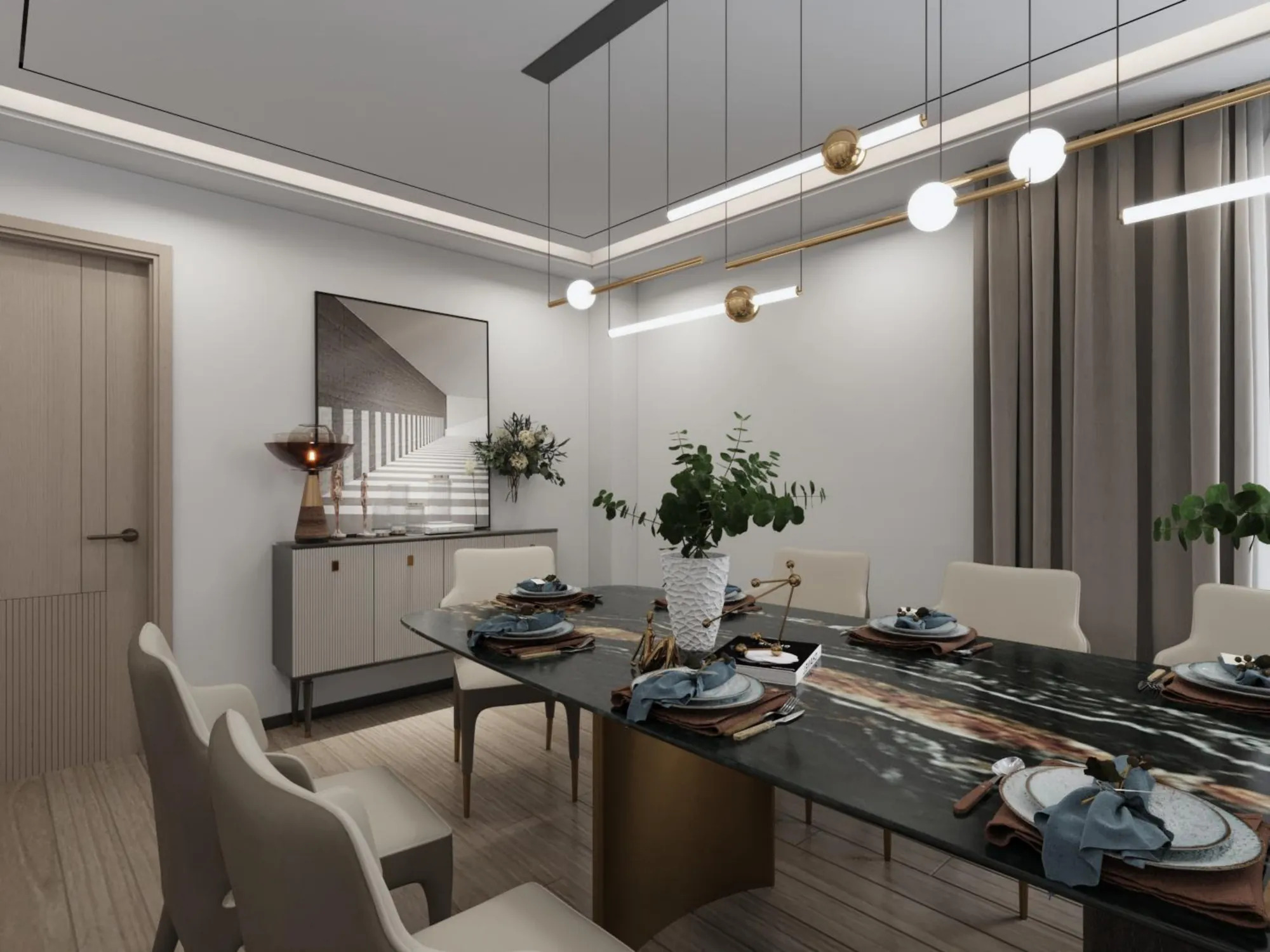 Connected dining and lounge area with built-in shelving