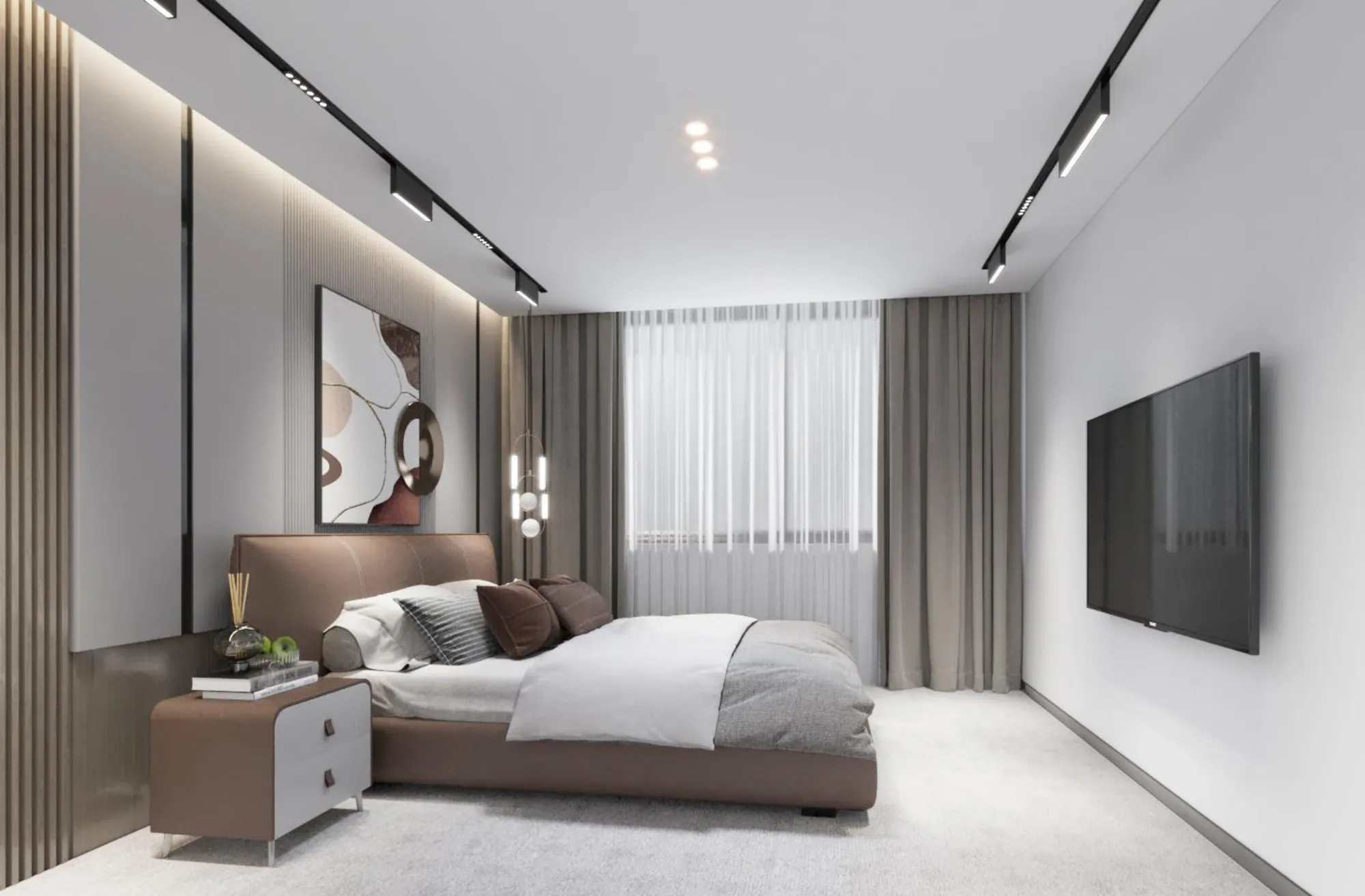 Warm-neutral bedroom with upholstered bed and window seating