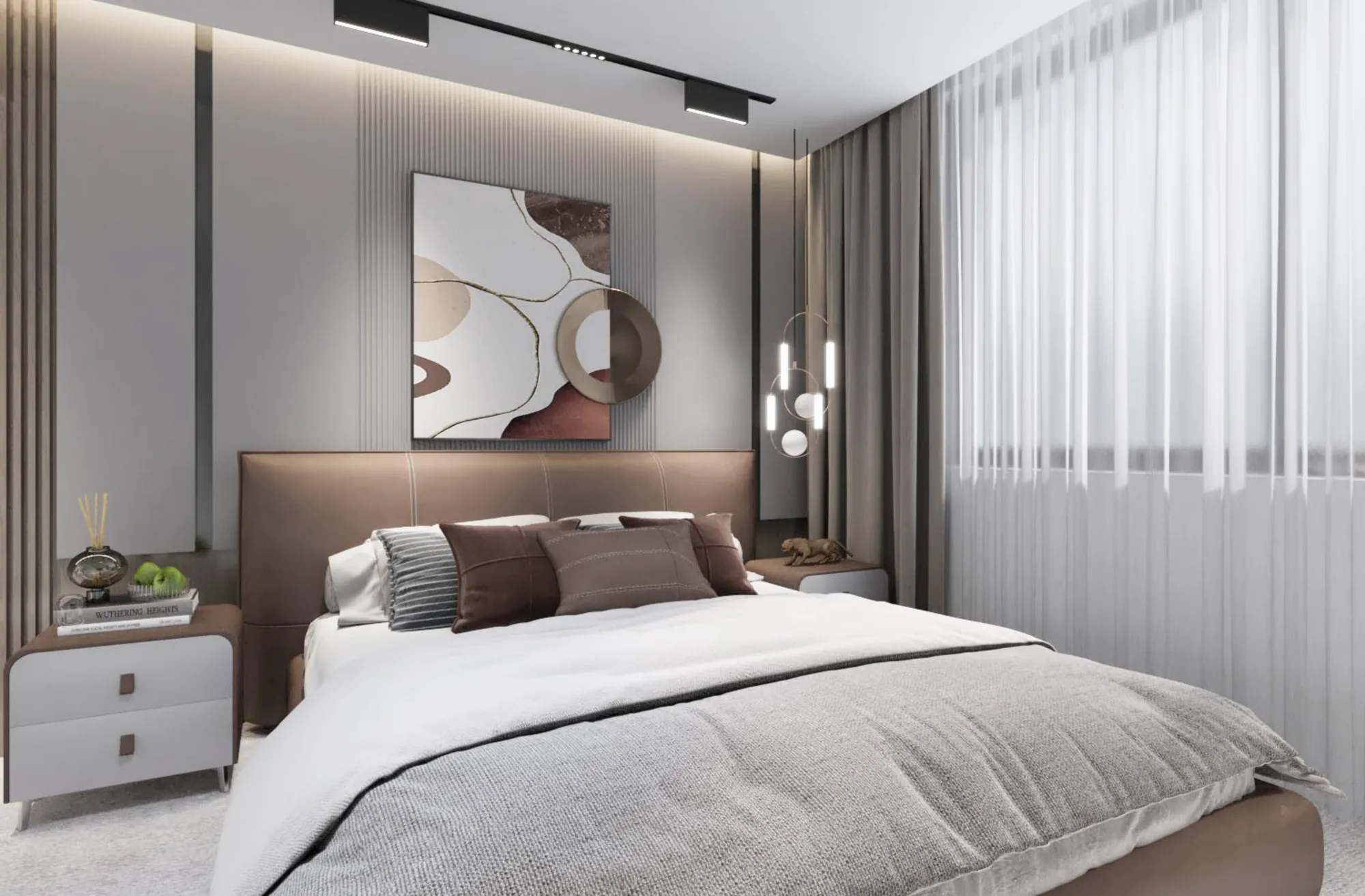 Bedroom with fitted wardrobe wall and soft grey textiles