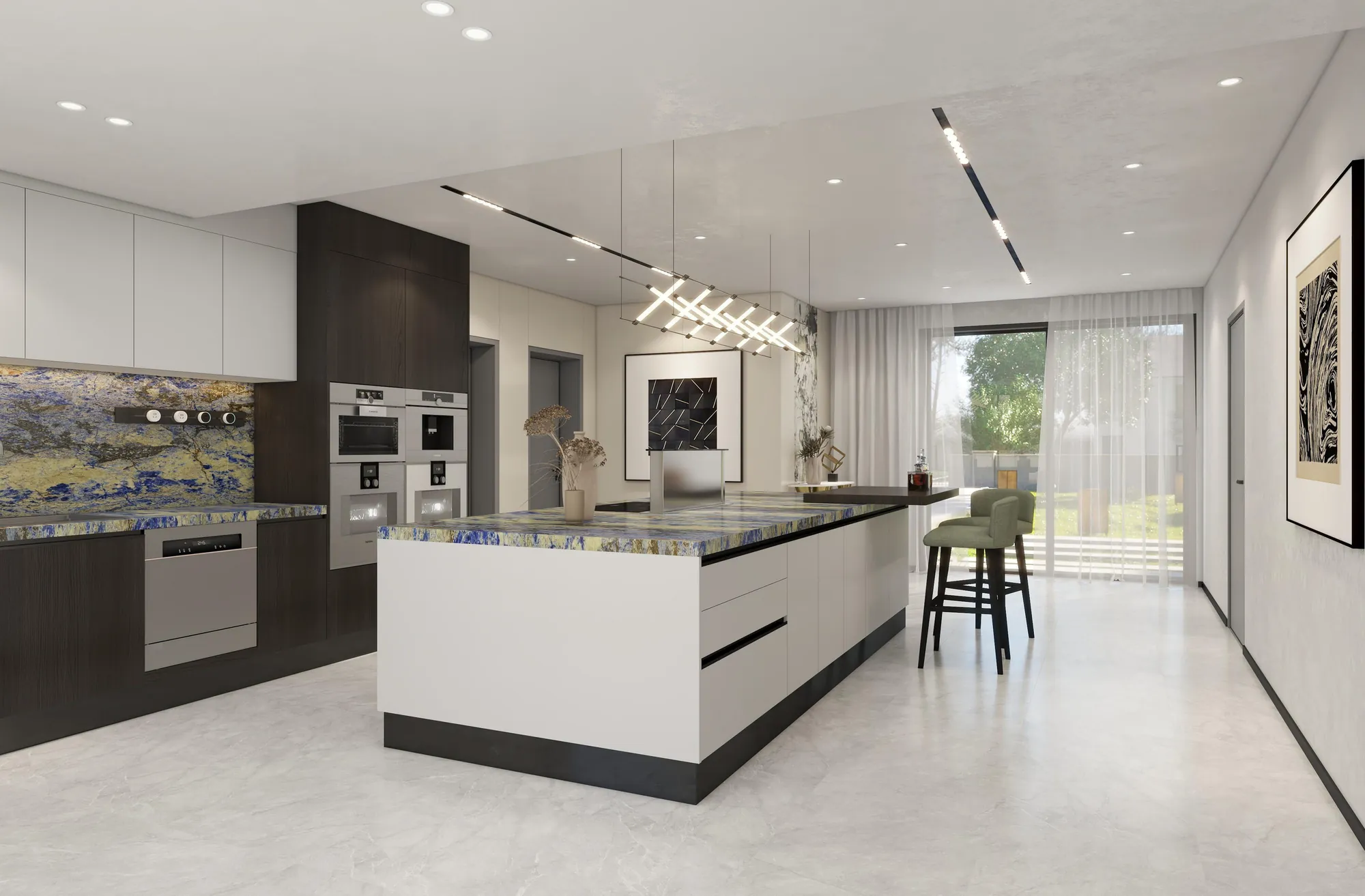 Kitchen showing pale stone and dark cabinetry