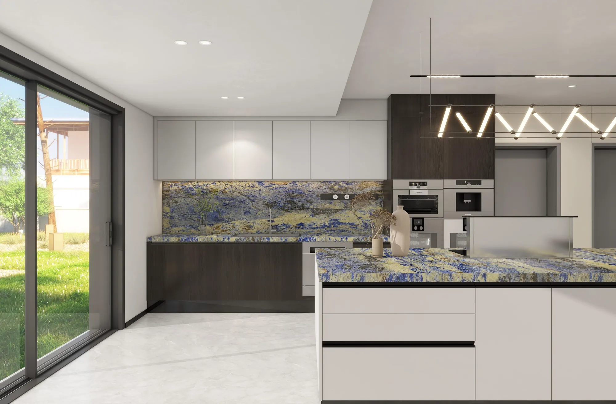 Wide fitted kitchen with pale worktops and dark base cabinets