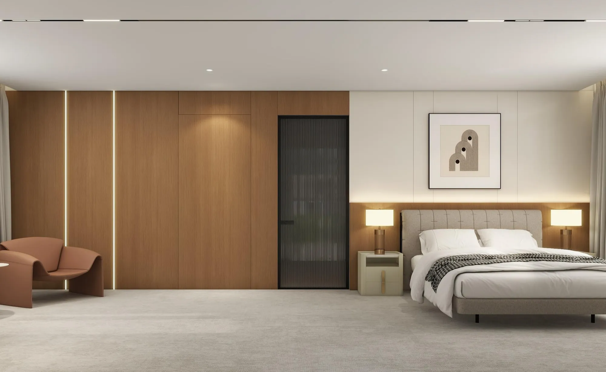 Private suite with a continuous timber feature wall