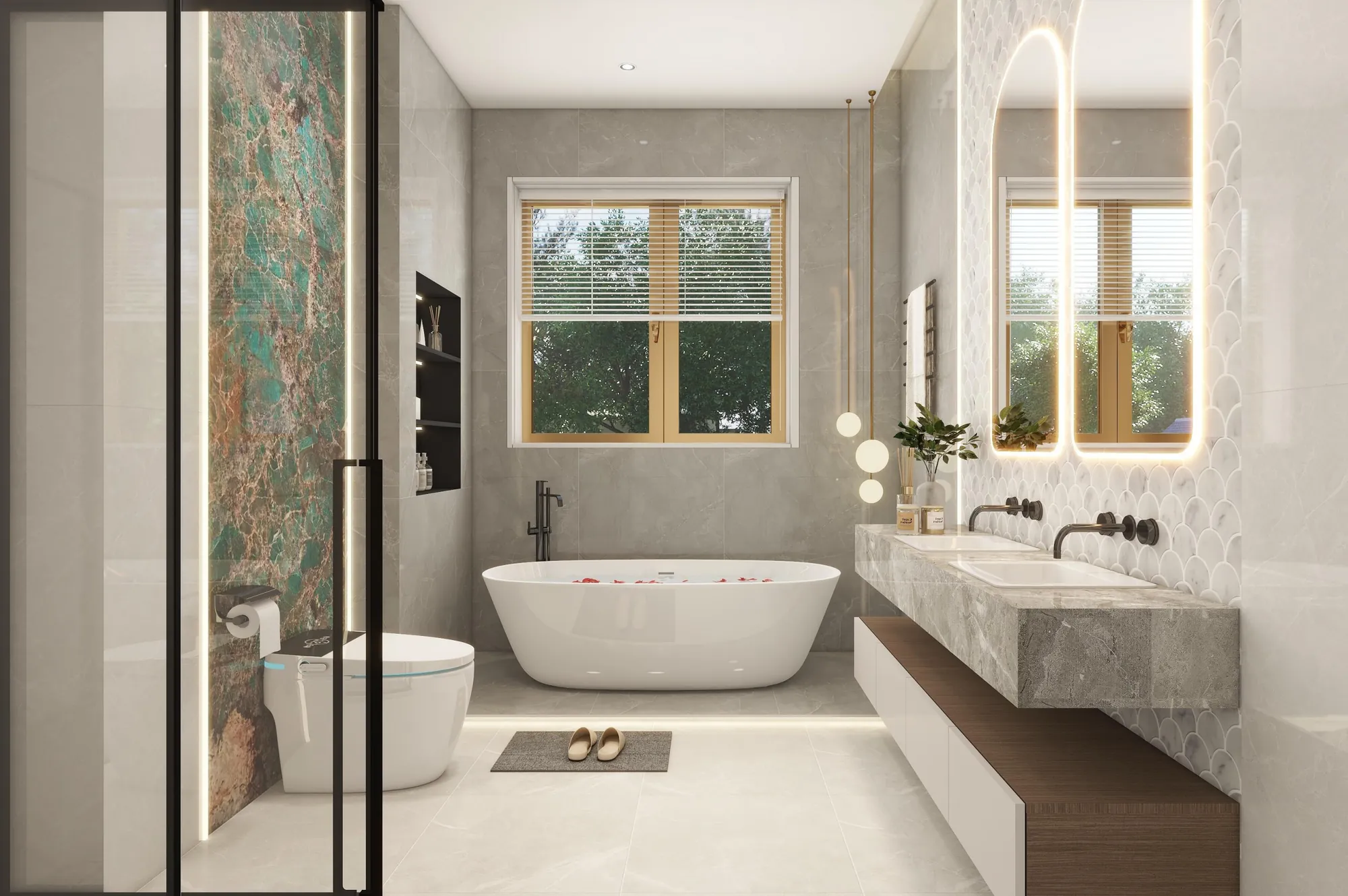 Private suite bathroom with coordinated warm-neutral finishes