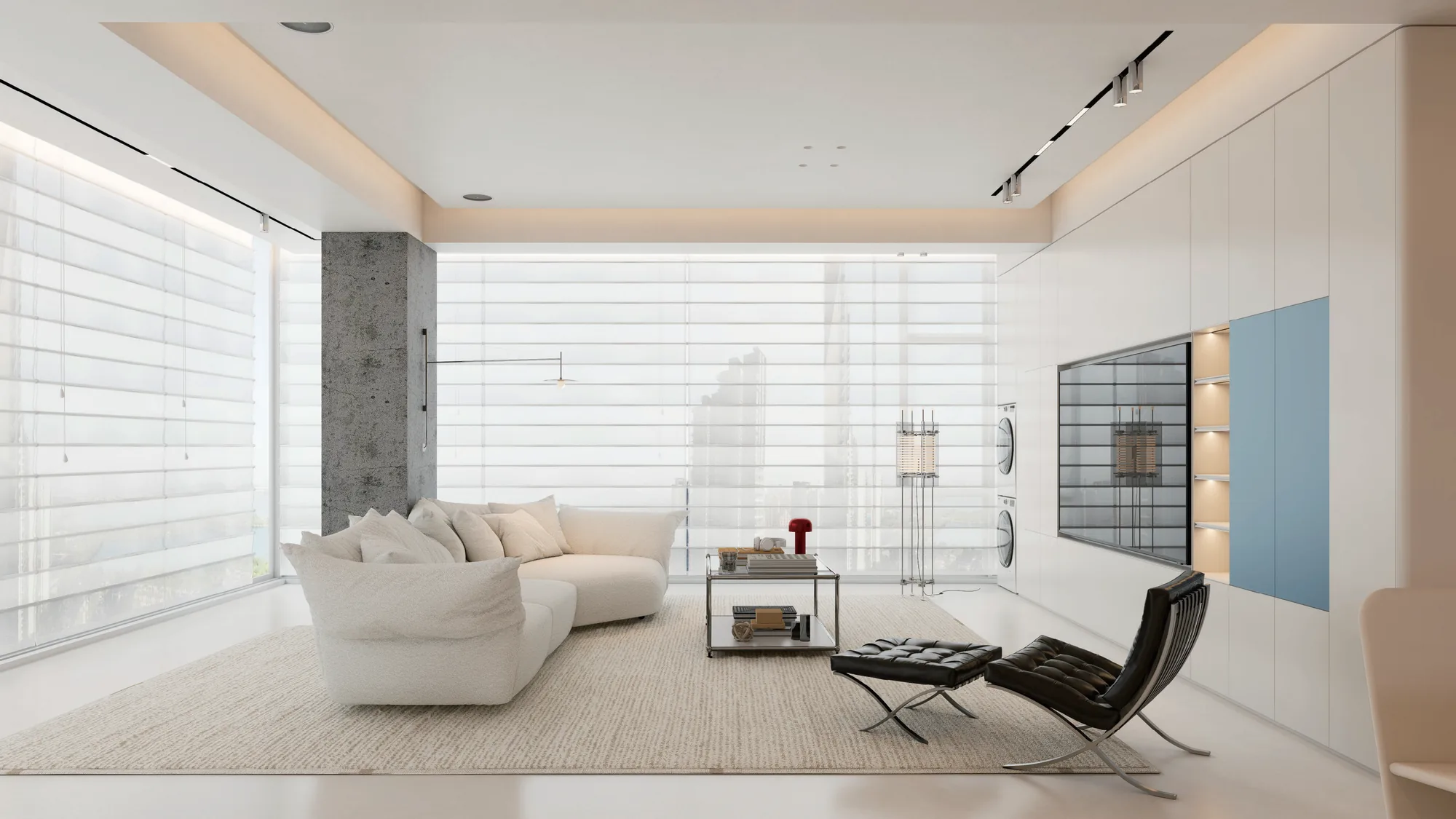 Senegal soft neutral contemporary villa living room with curved white seating