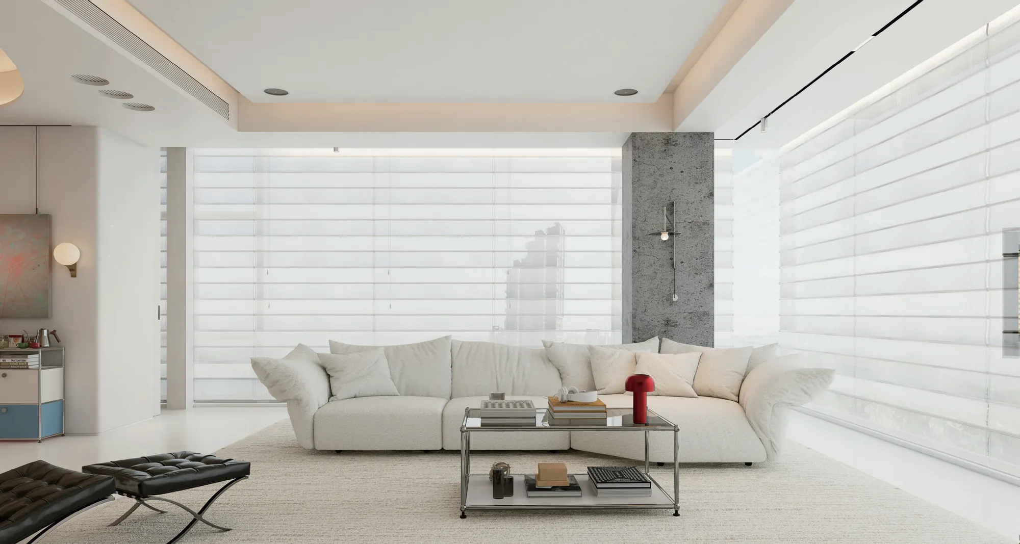 Bright villa living room with pale fitted media wall and muted blue accents