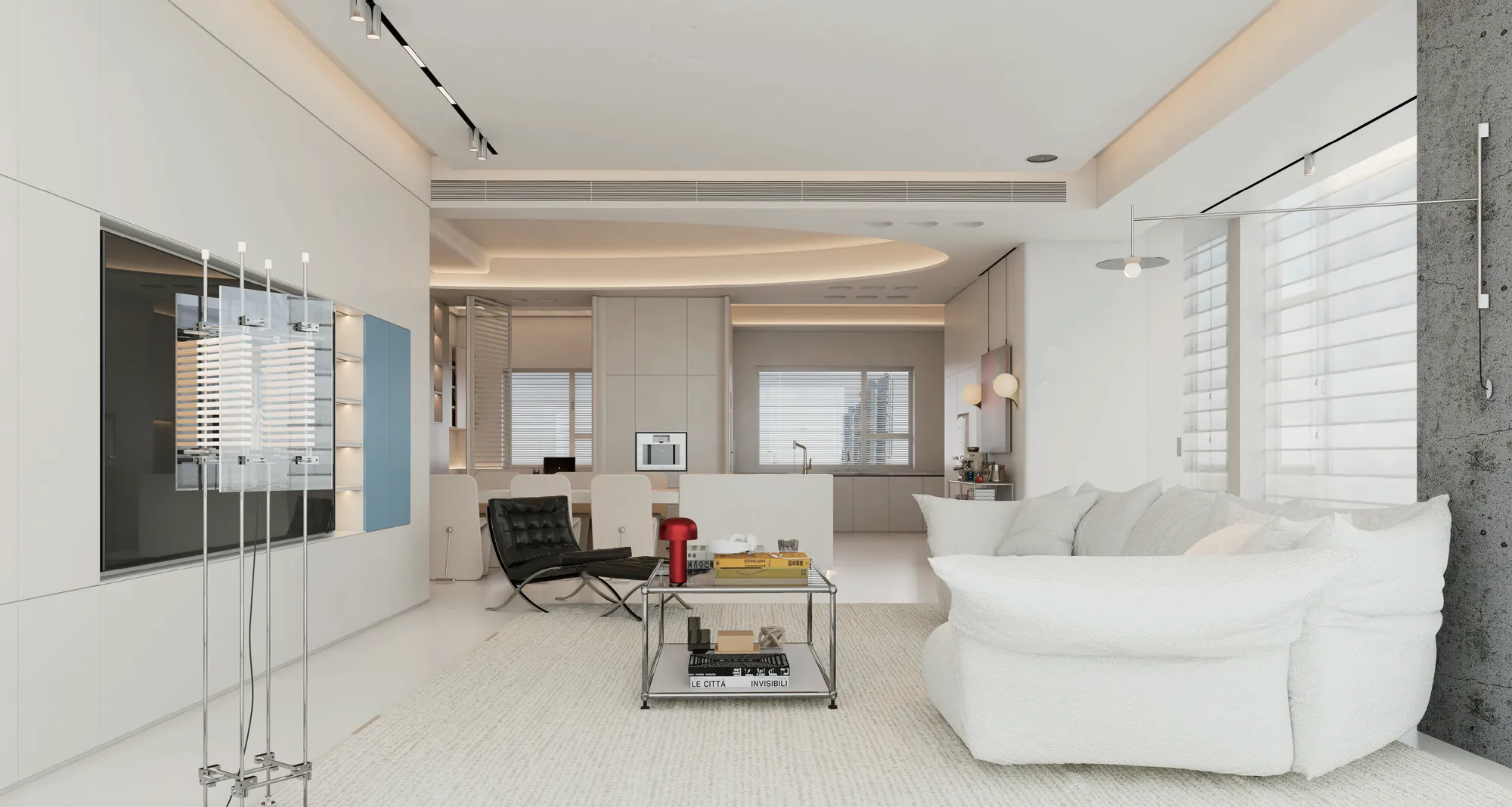 Open soft neutral living and dining room with integrated pale cabinetry
