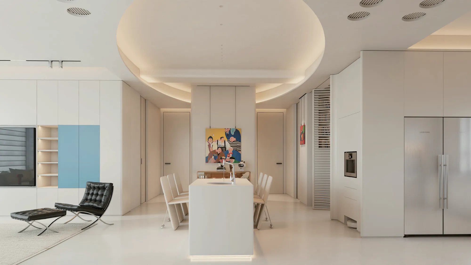 Dining room with a rounded ceiling feature and pale fitted cabinets