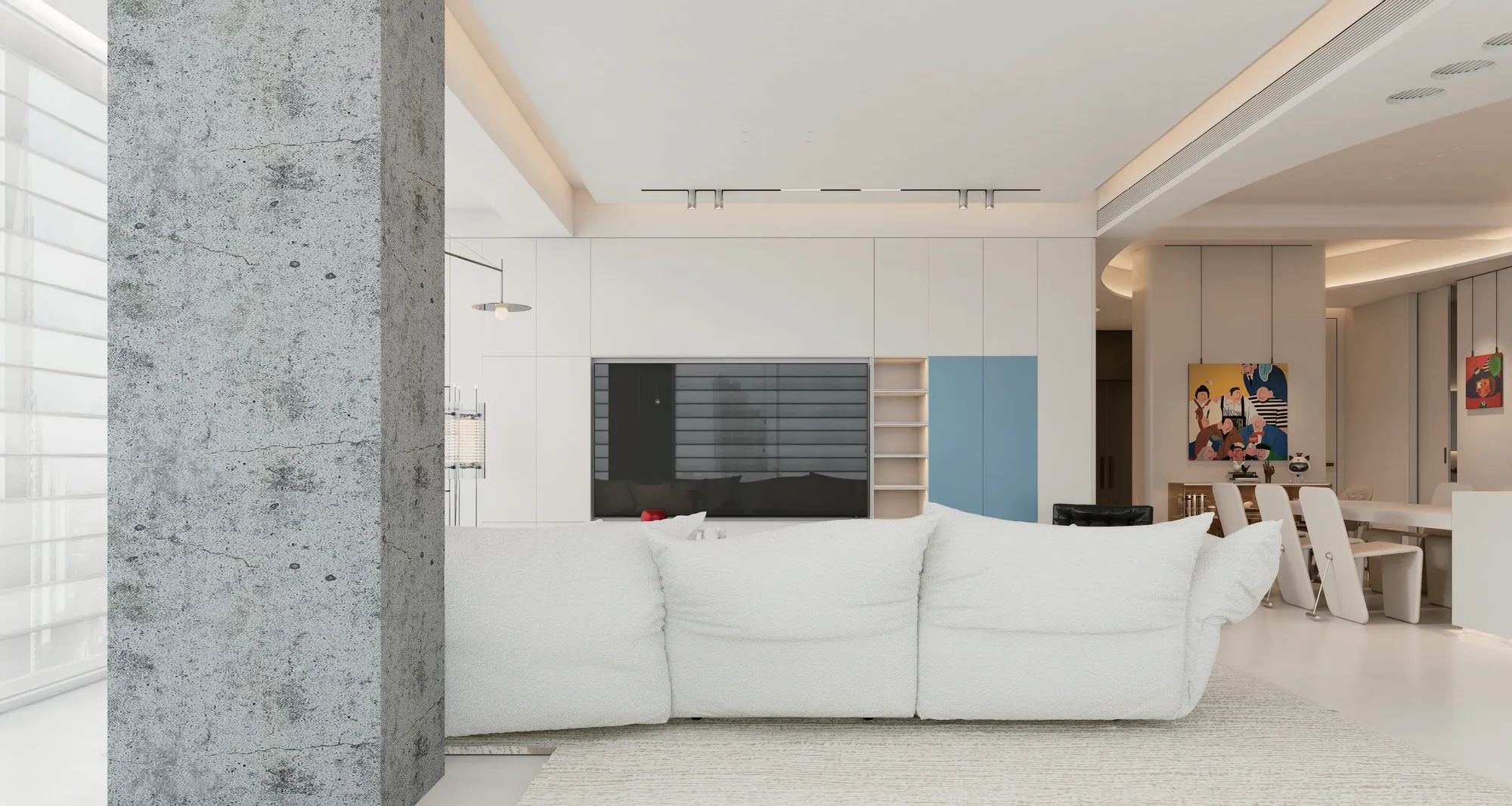 Wide soft neutral villa living room with low white furniture and layered ceiling light