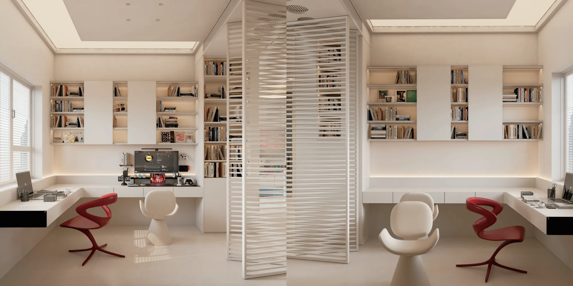 Reading room with glass partitions and pale full-height bookshelves