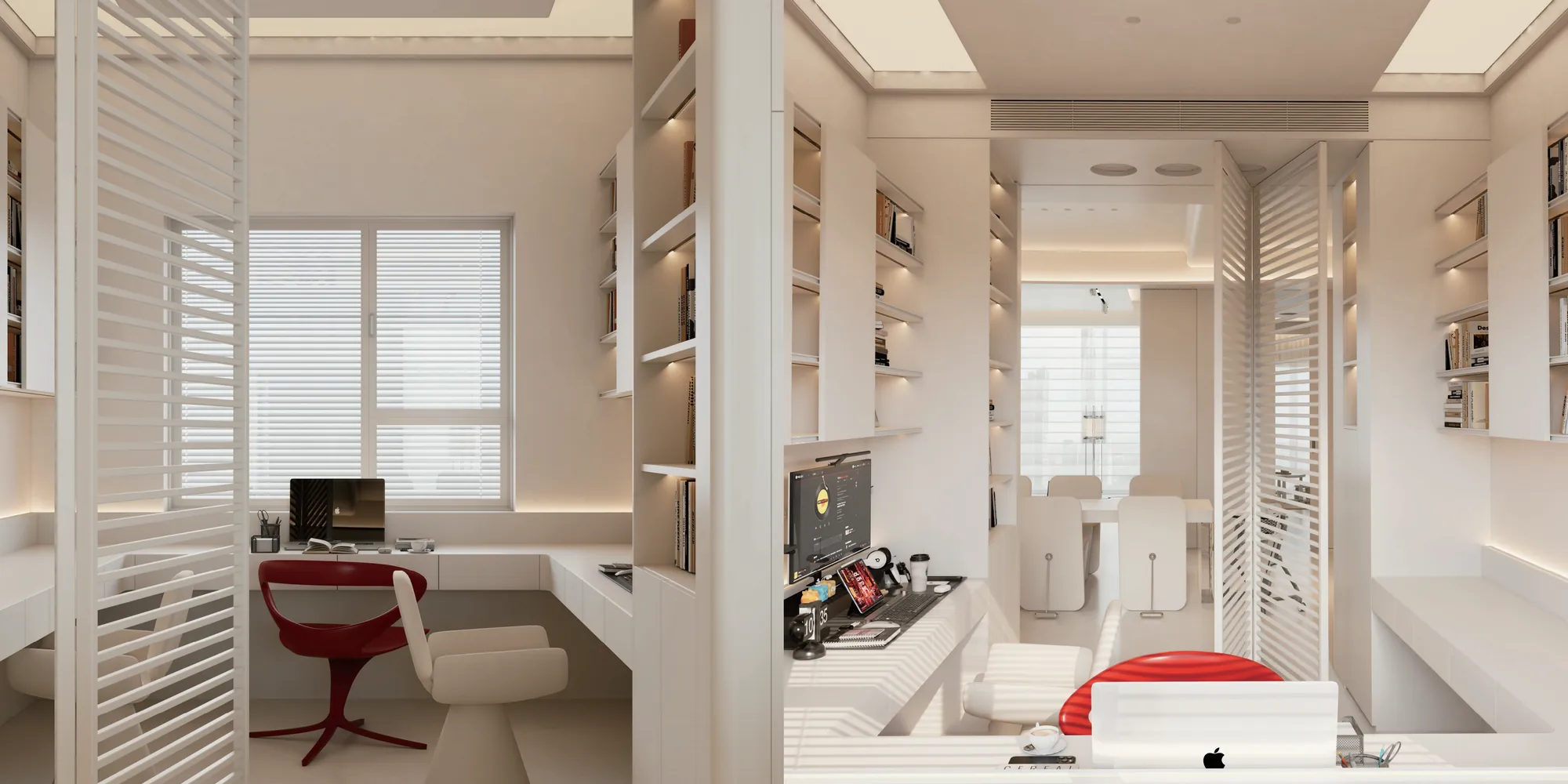 Soft neutral reading room with fitted shelving and a red lounge chair