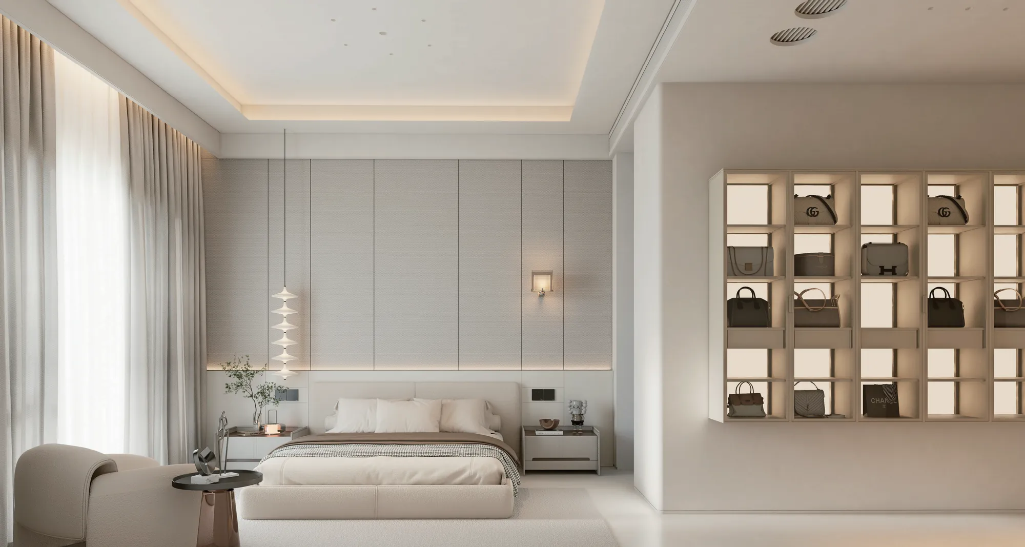 Soft neutral main bedroom with illuminated wall panels and fitted bedside storage