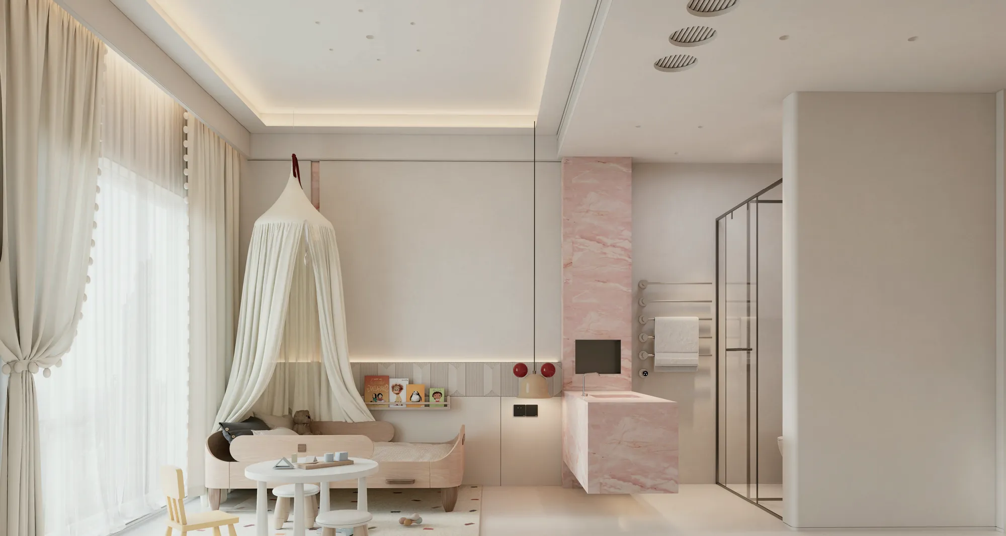 Child bedroom with pale fitted wardrobe, open shelving and study desk