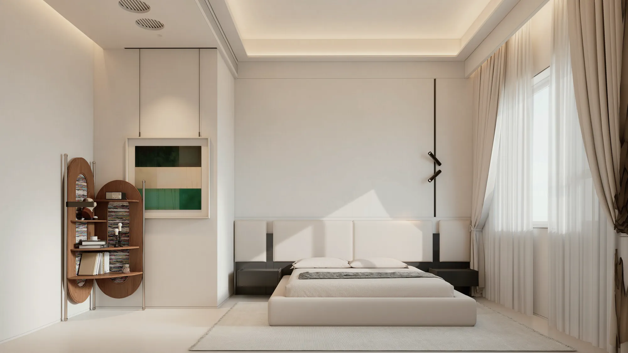 Guest bedroom with pale cabinetry and compact display shelves
