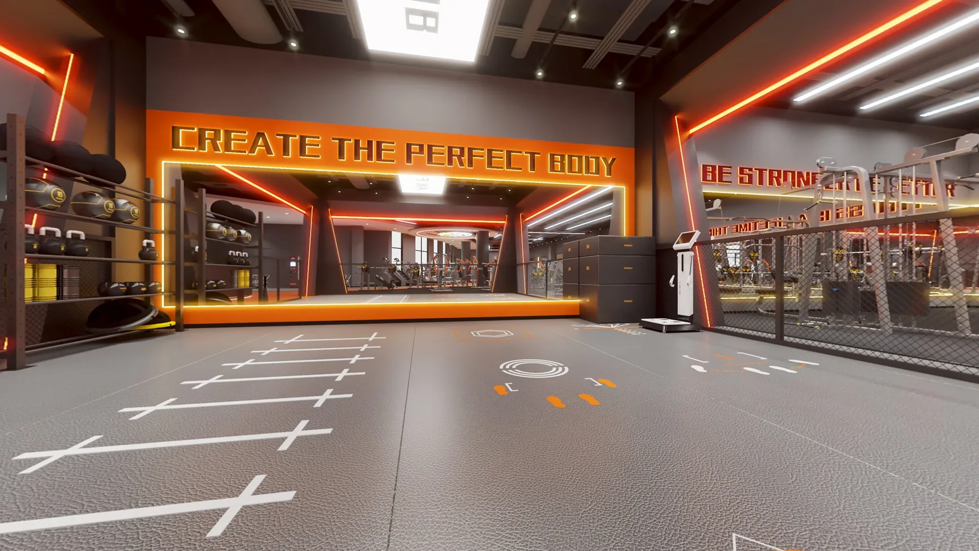 Contemporary fitness club equipment floor with dark finishes, orange track lines and layered LED lighting