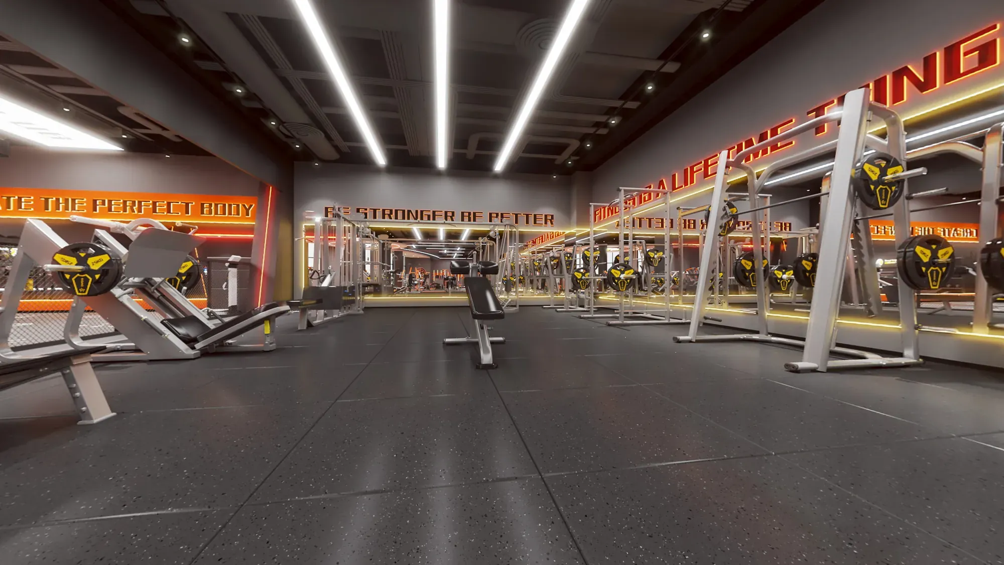 Fitness club strength floor with dark equipment, mirrors and clear training aisles