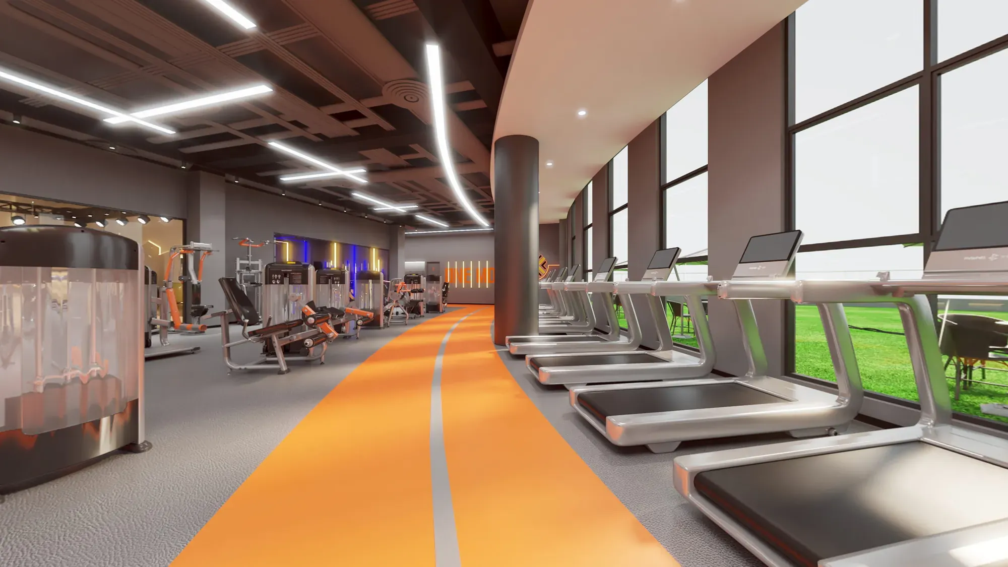 Fitness club cardio track with orange floor graphics, equipment bays and linear LED lighting