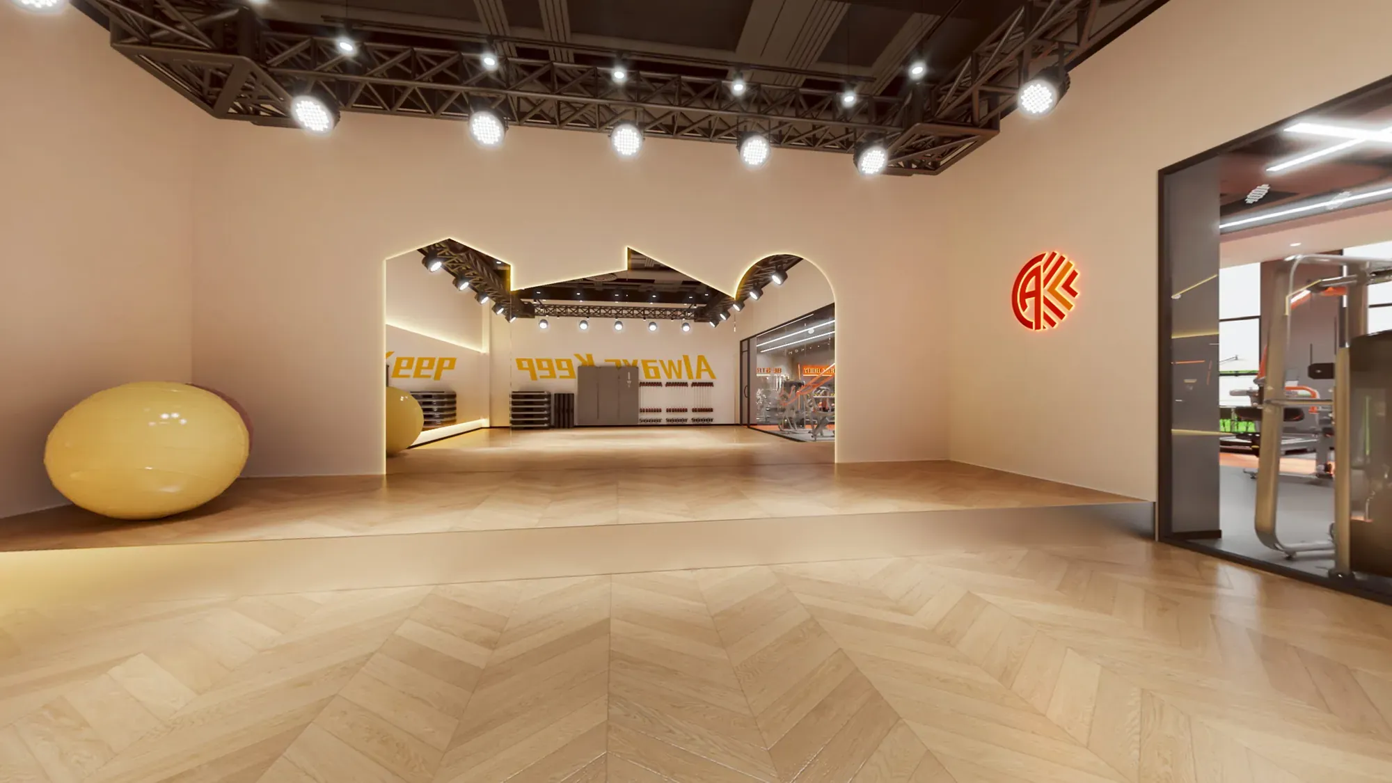 Fitness club group exercise studio with timber floor, mirrors and controlled lighting
