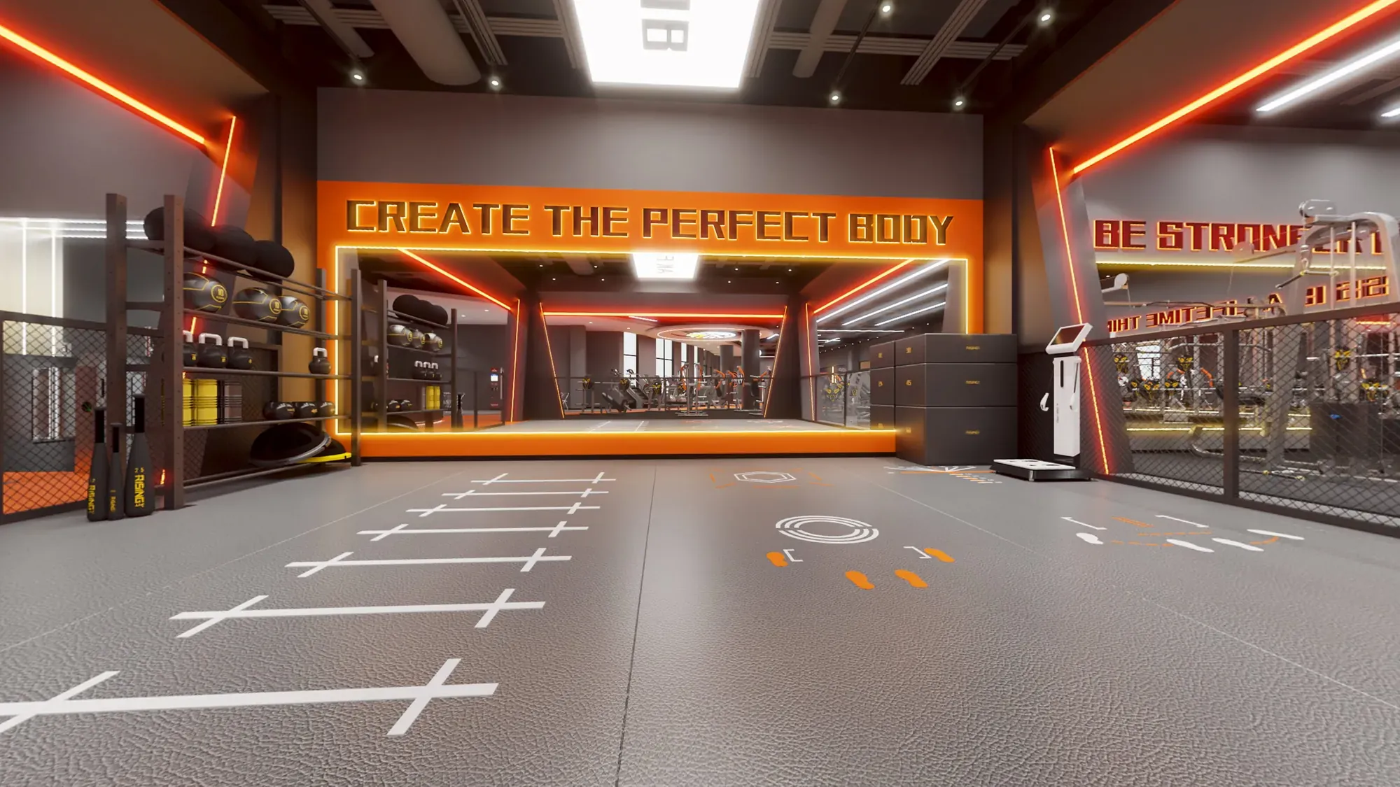 Strength equipment detail with integrated storage, mirrors and directional lighting